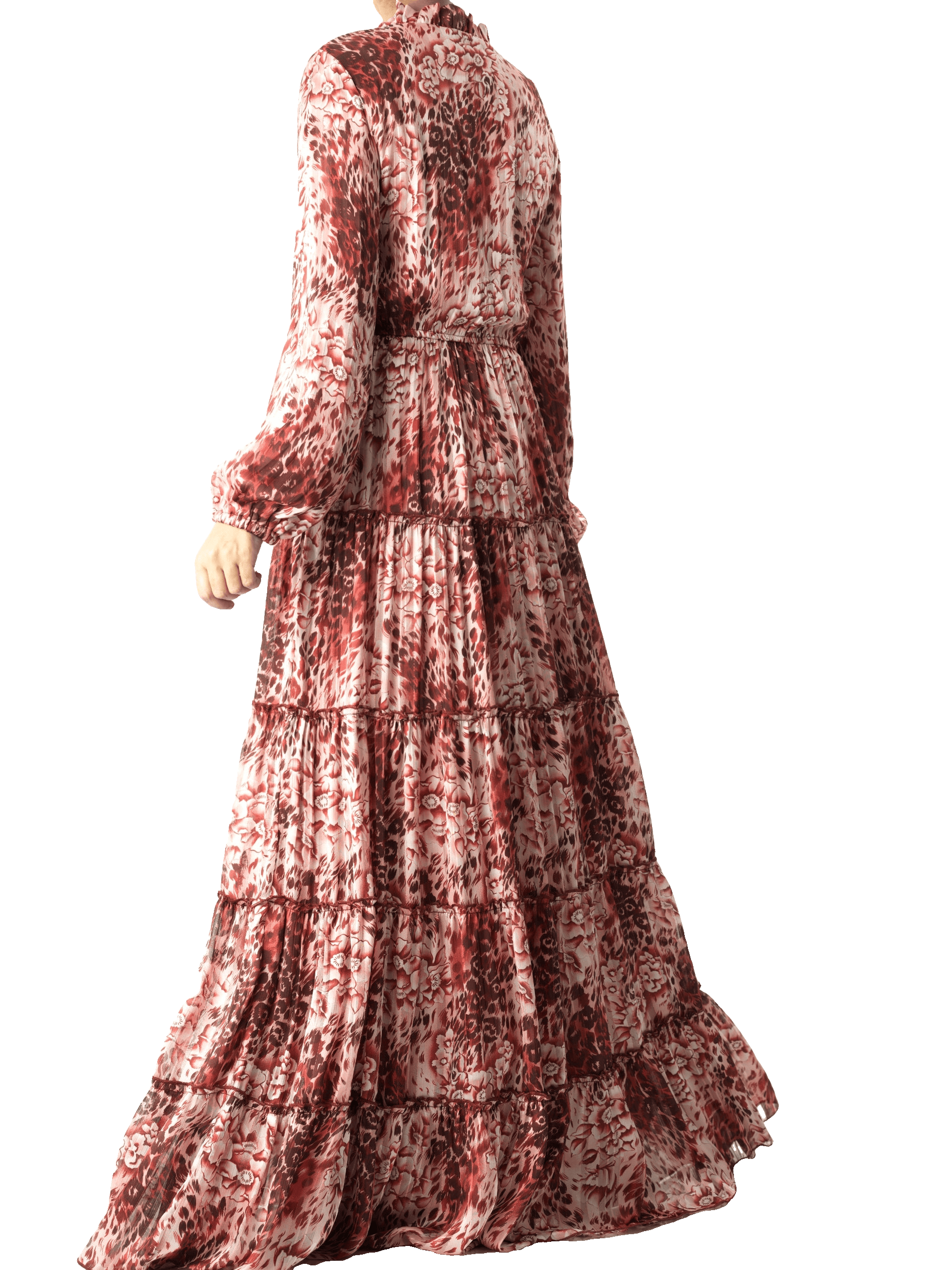 Hartley Maroon Cheetah-Floral Tiered Chiffon Maxi Dress