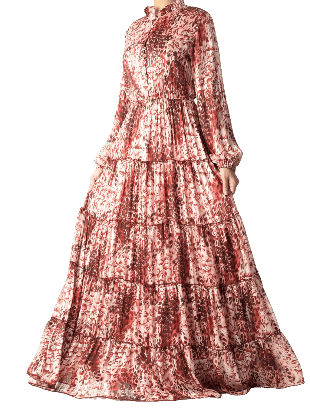 Hartley Maroon Cheetah-Floral Tiered Chiffon Maxi Dress