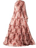 Hartley Maroon Cheetah-Floral Tiered Chiffon Maxi Dress