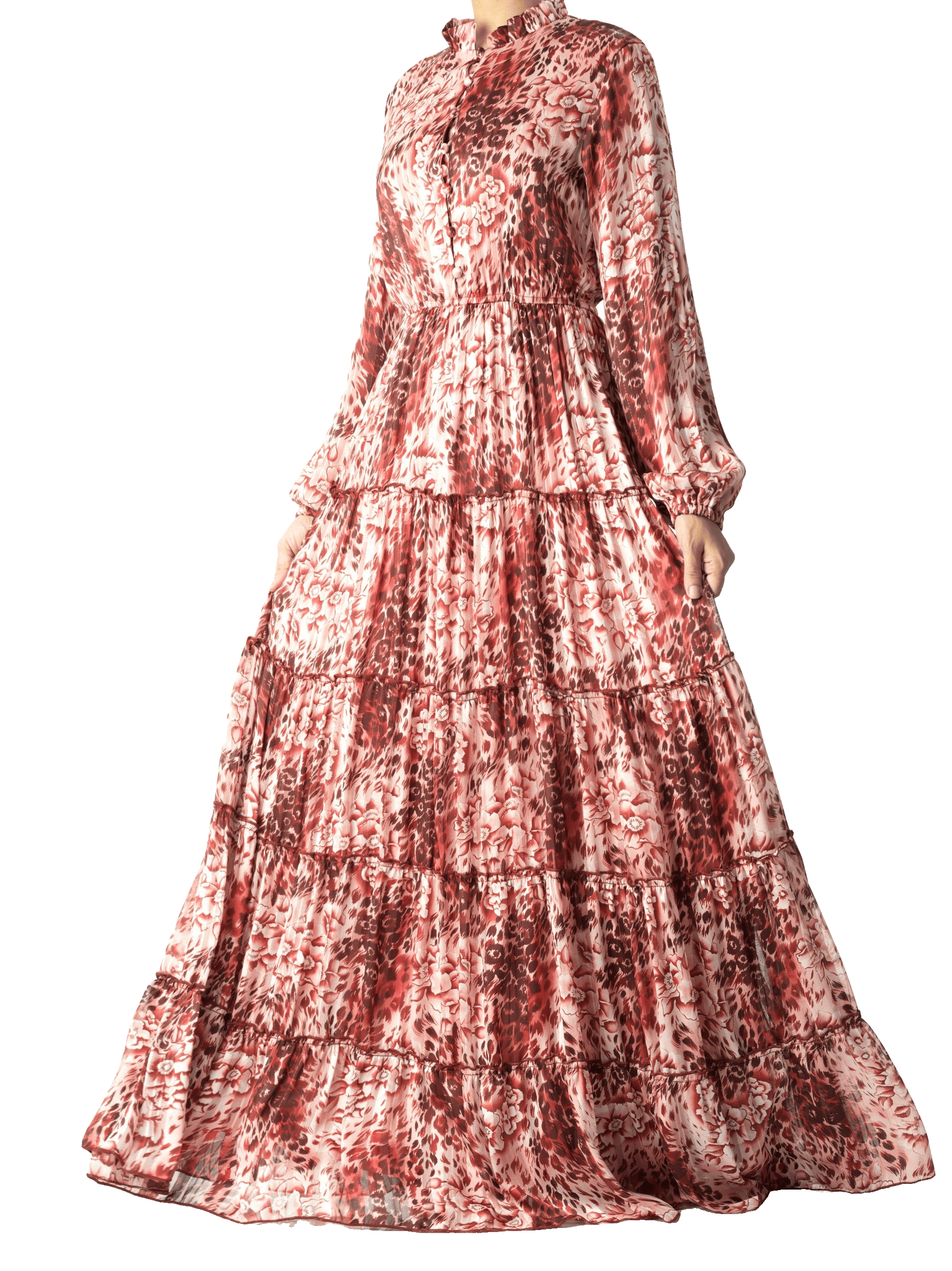 Hartley Maroon Cheetah-Floral Tiered Chiffon Maxi Dress