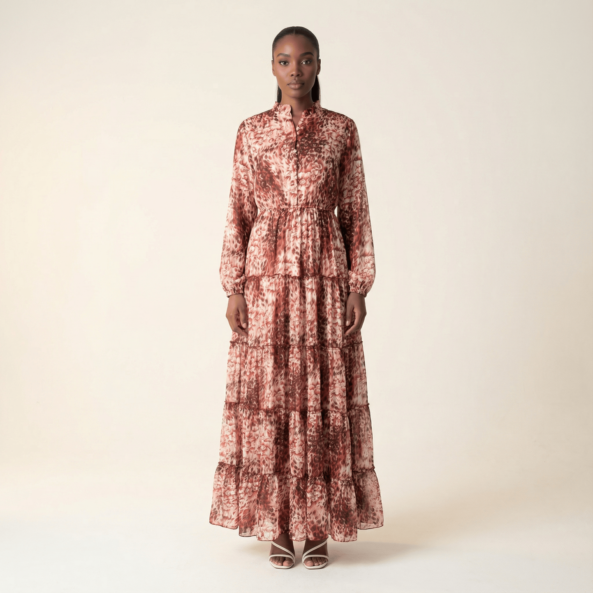 Hartley Maroon Cheetah-Floral Tiered Chiffon Maxi Dress