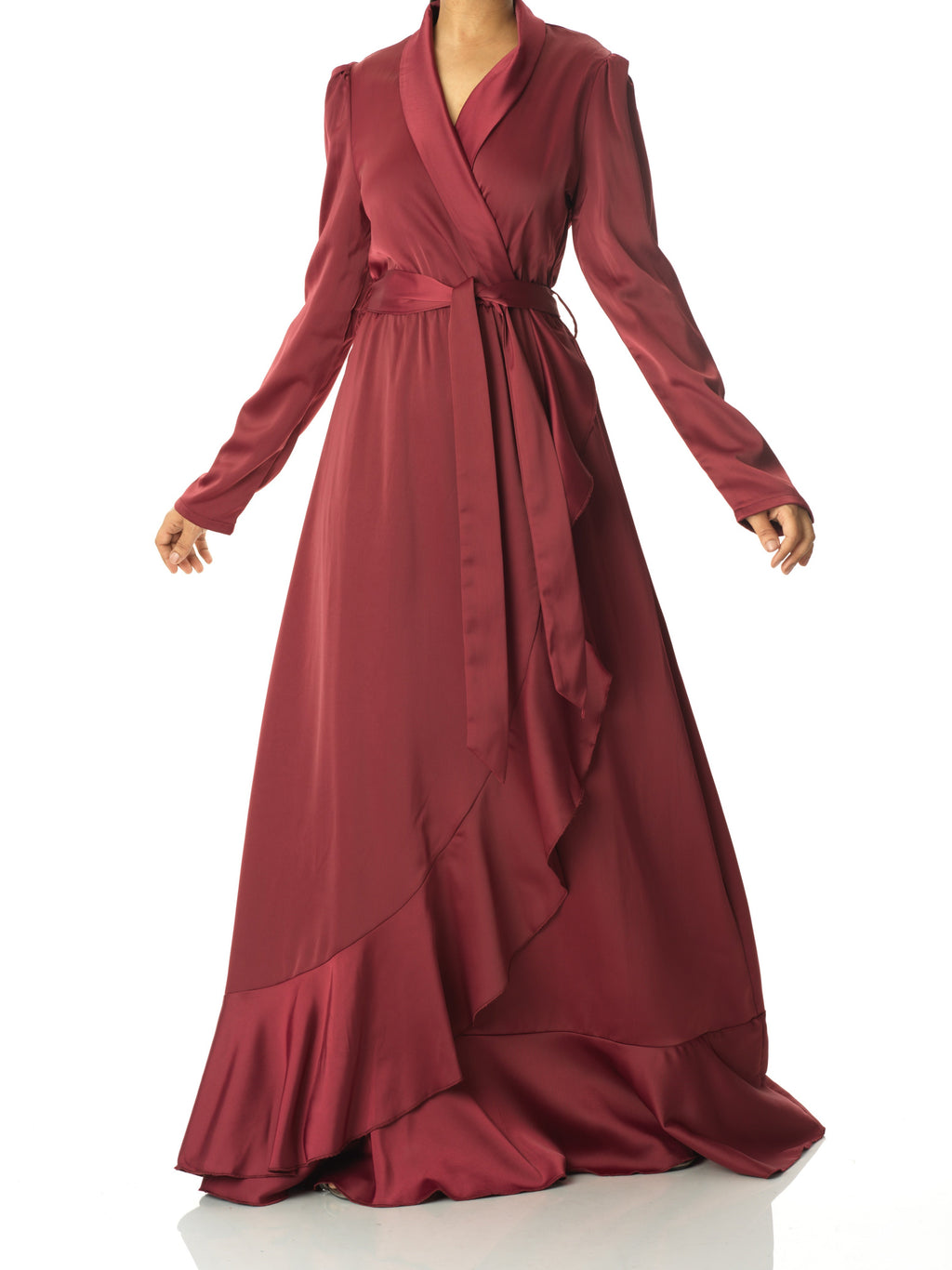 Emberly Maroon Wrapped Satin Maxi Dress