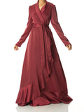 Emberly Maroon Wrapped Satin Maxi Dress