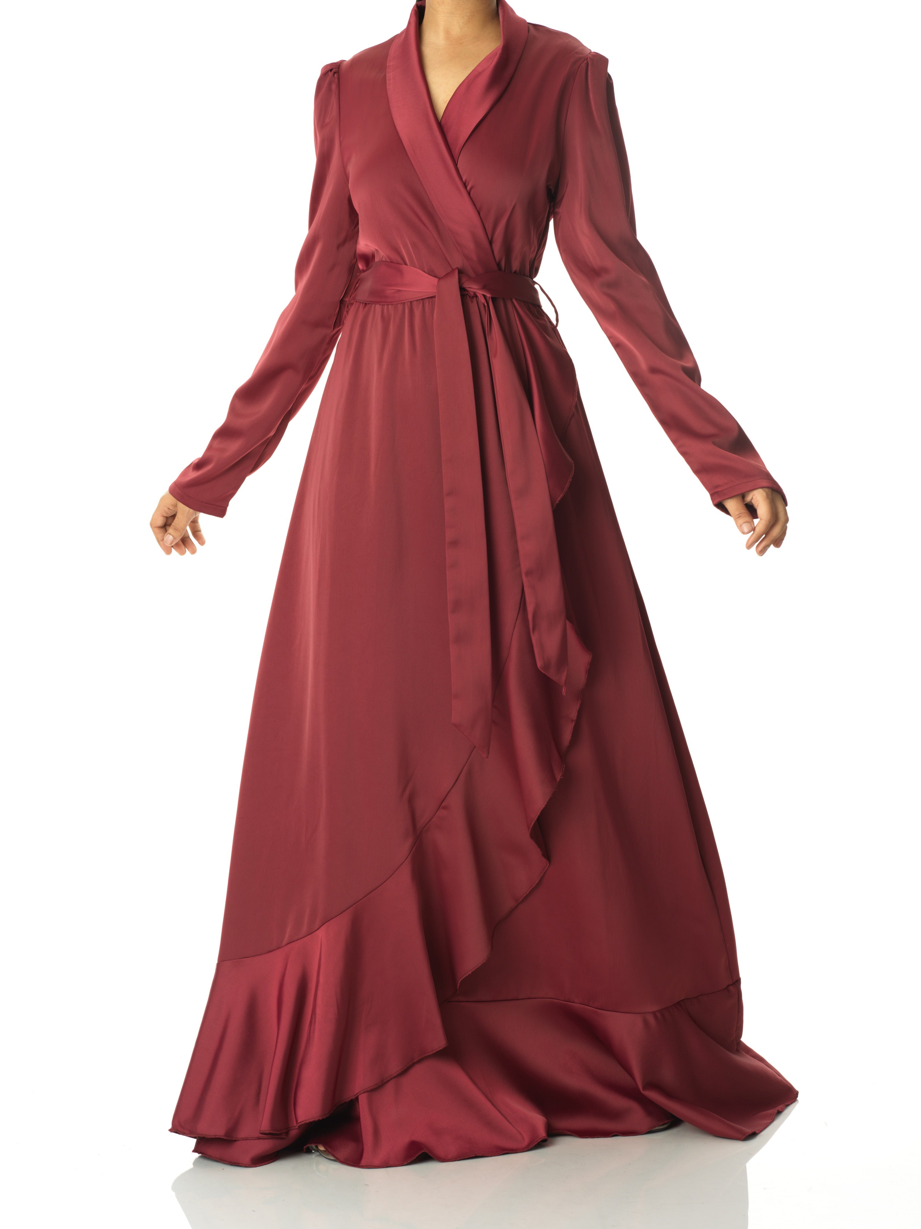 Emberly Maroon Wrapped Satin Maxi Dress