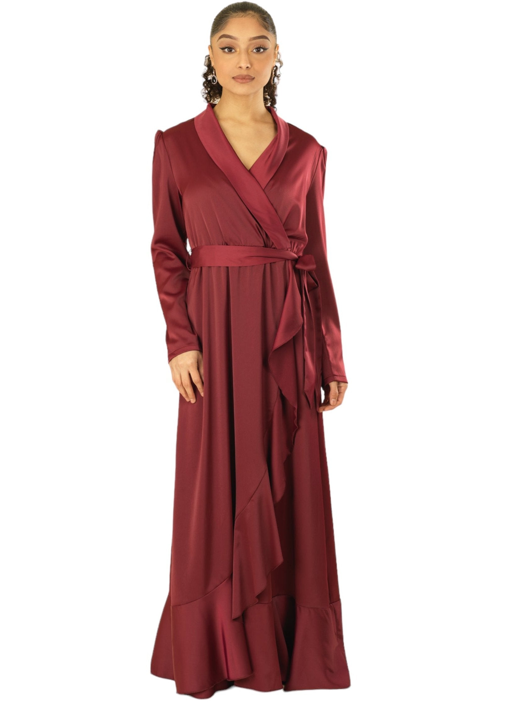 Emberly Maroon Wrapped Satin Maxi Dress