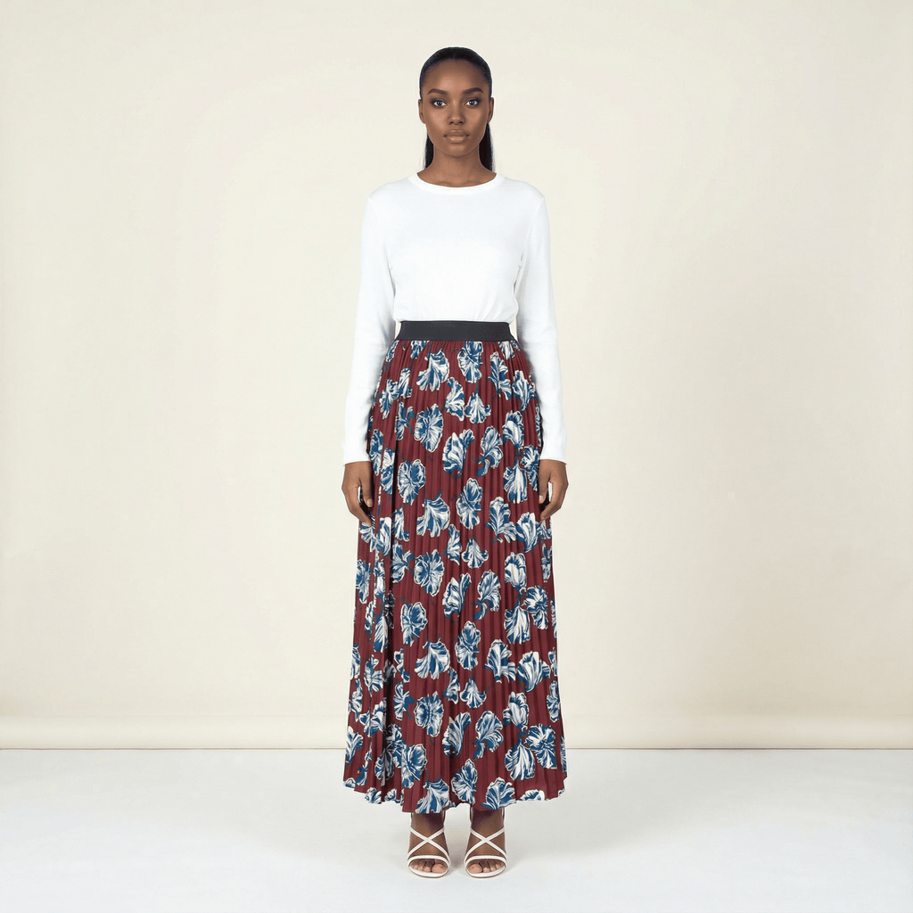 Remy Maroon Floral Pleated Maxi Skirt