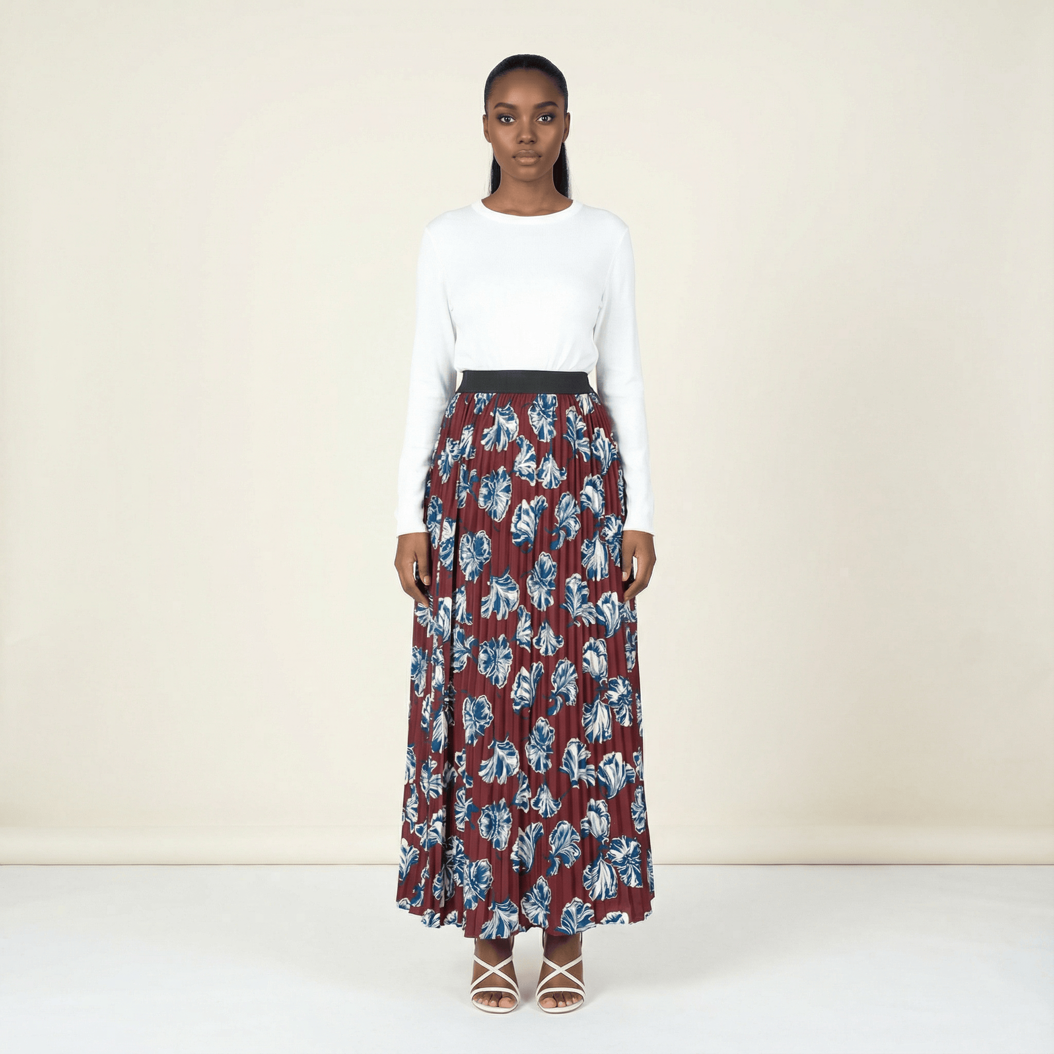 Remy Maroon Floral Pleated Maxi Skirt