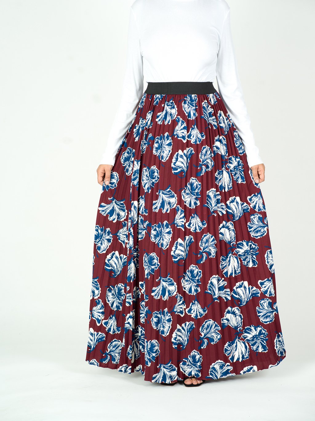Remy Maroon Floral Pleated Maxi Skirt