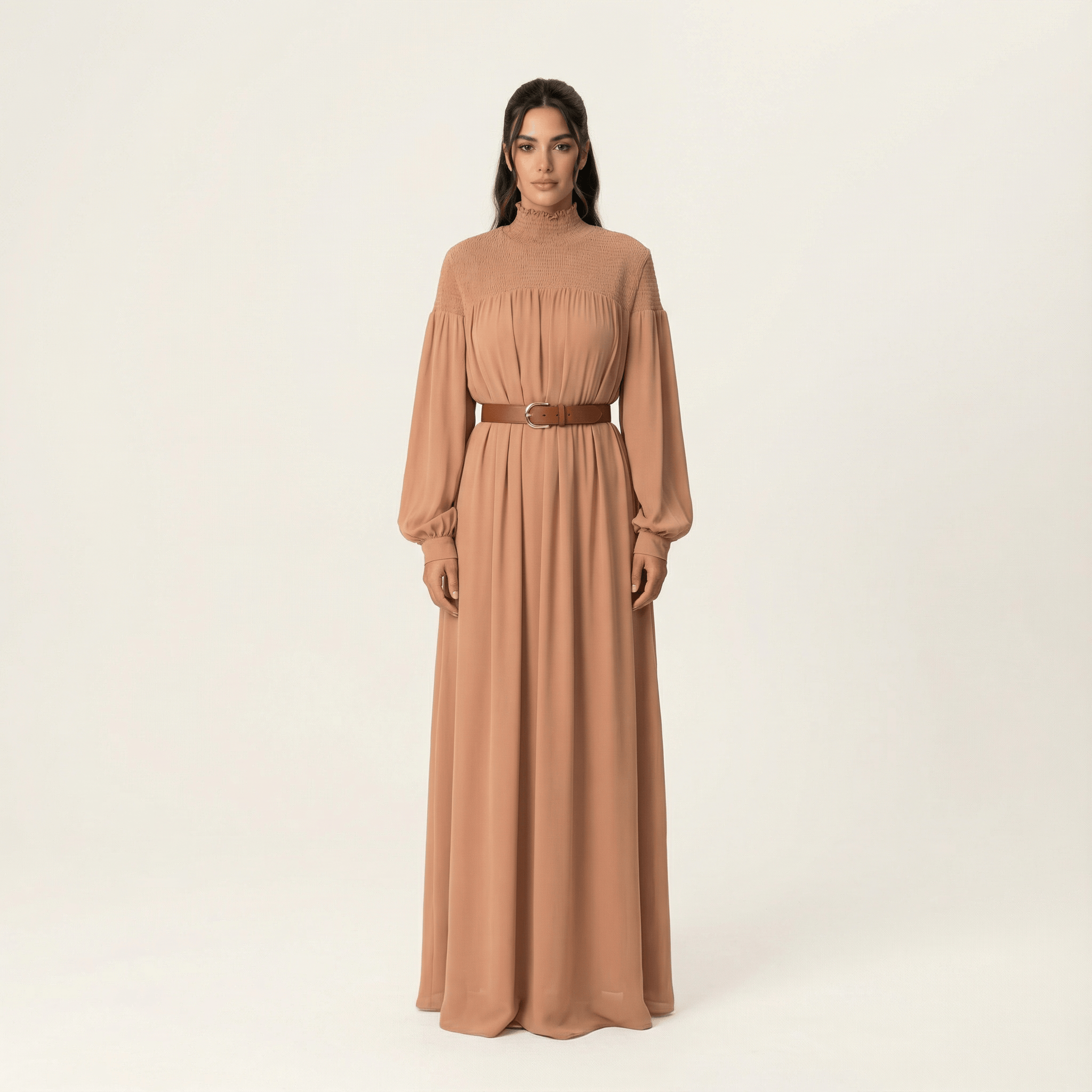 Cadence Mocha Umbrella-Pleat Chiffon Maxi Dress