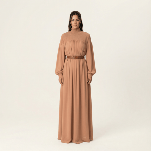 Cadence Mocha Umbrella-Pleat Chiffon Maxi Dress