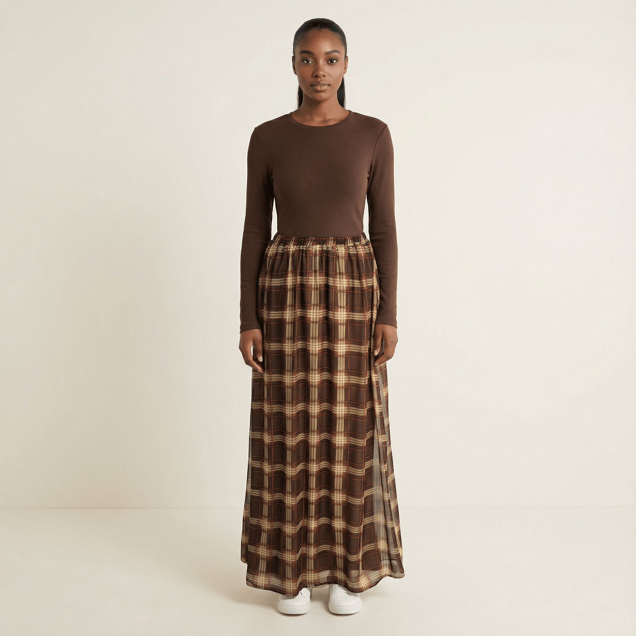Everly Mocha Waffle-Plaid Chiffon Maxi Skirt