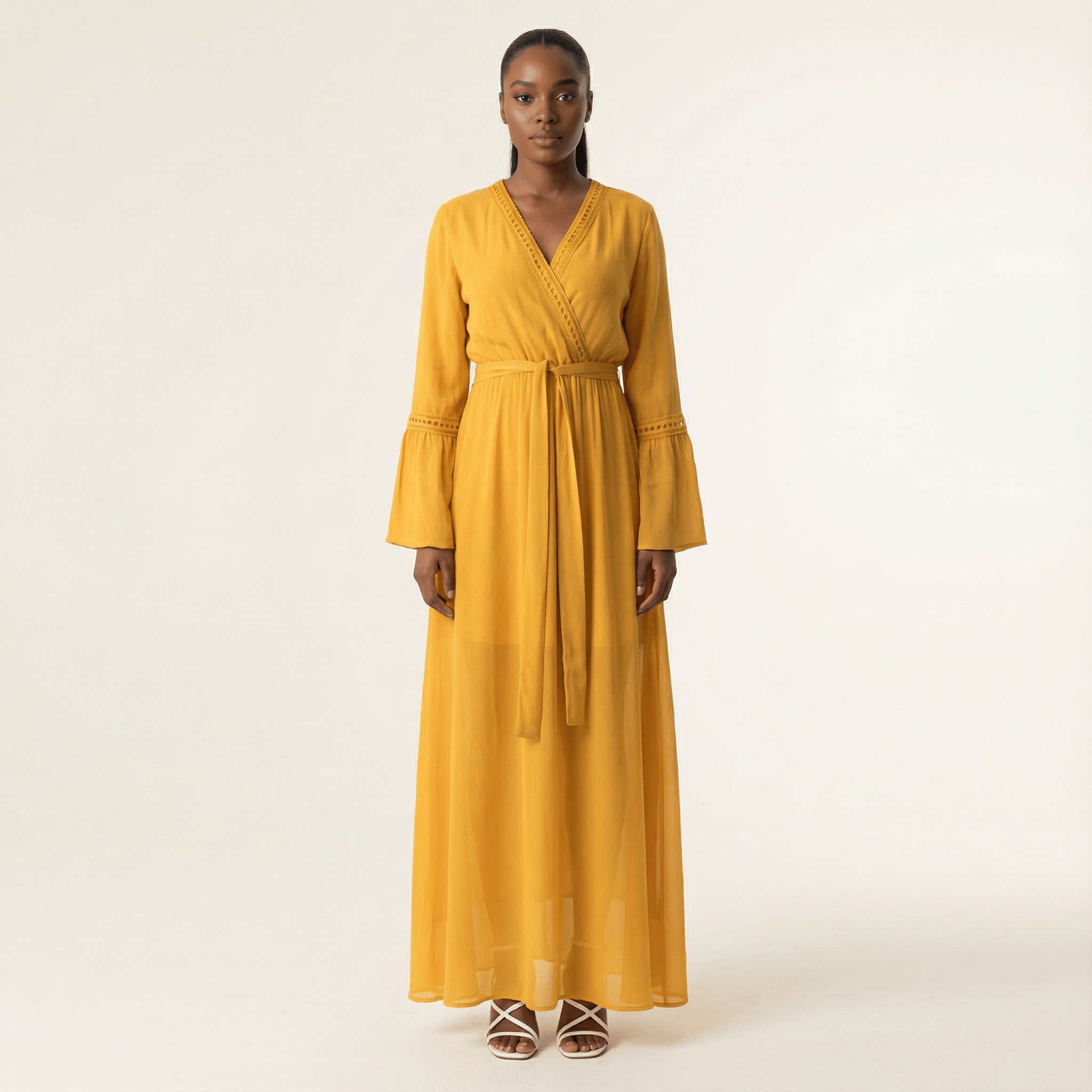 Blakeley Yellow V-Neck Lace Maxi Dress