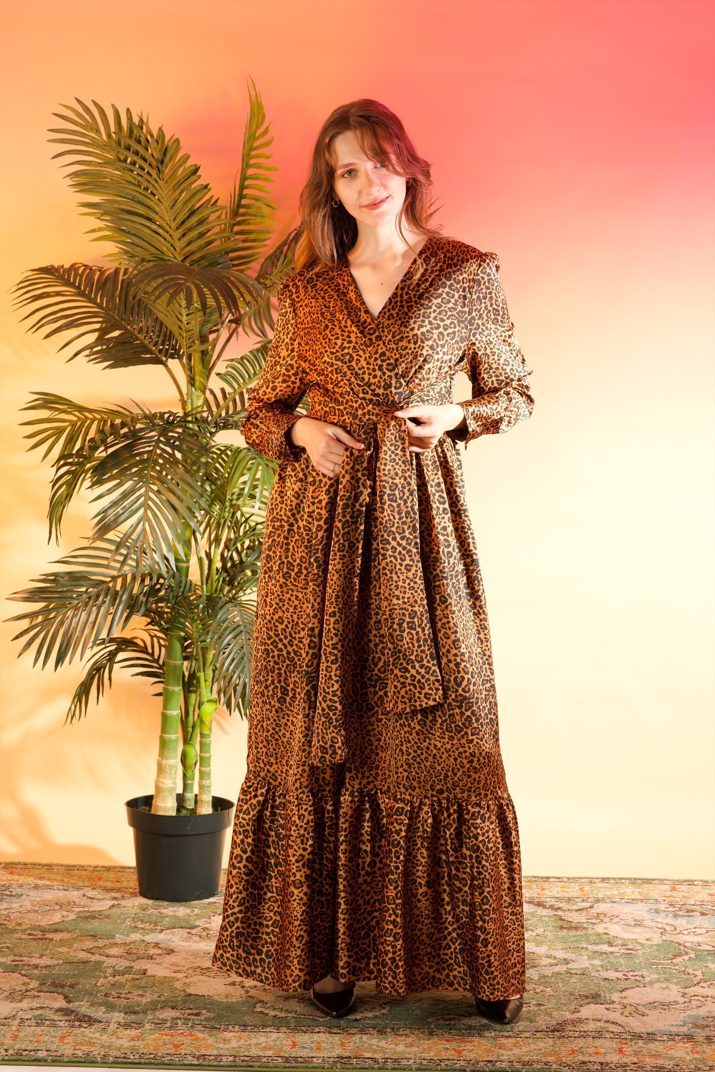Amelie Modest Cheetah Satin Maxi Dress