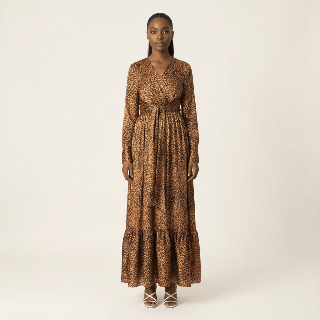 Amelie Modest Cheetah Satin Maxi Dress