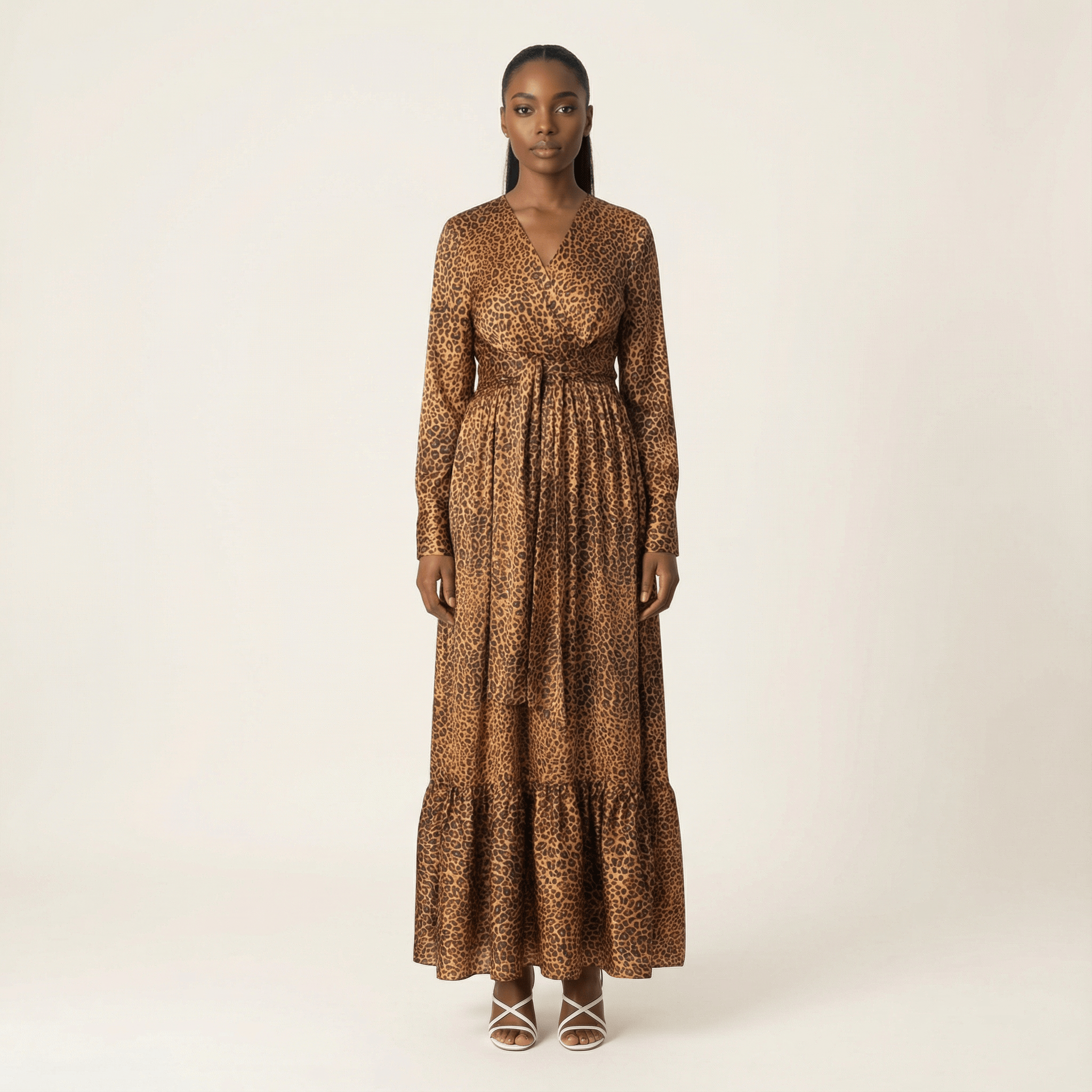 Amelie Modest Cheetah Satin Maxi Dress