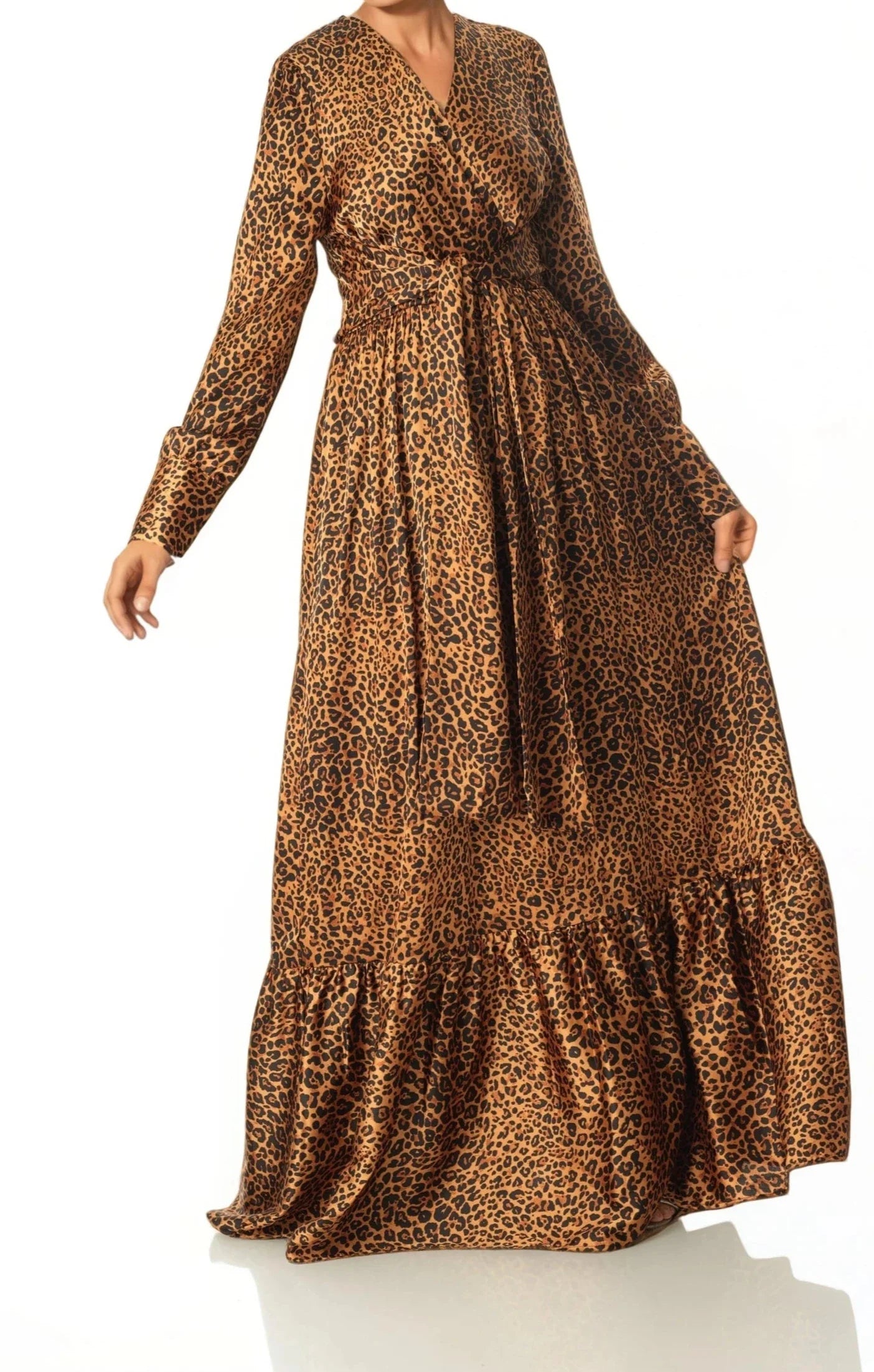 Amelie Modest Cheetah Satin Maxi Dress