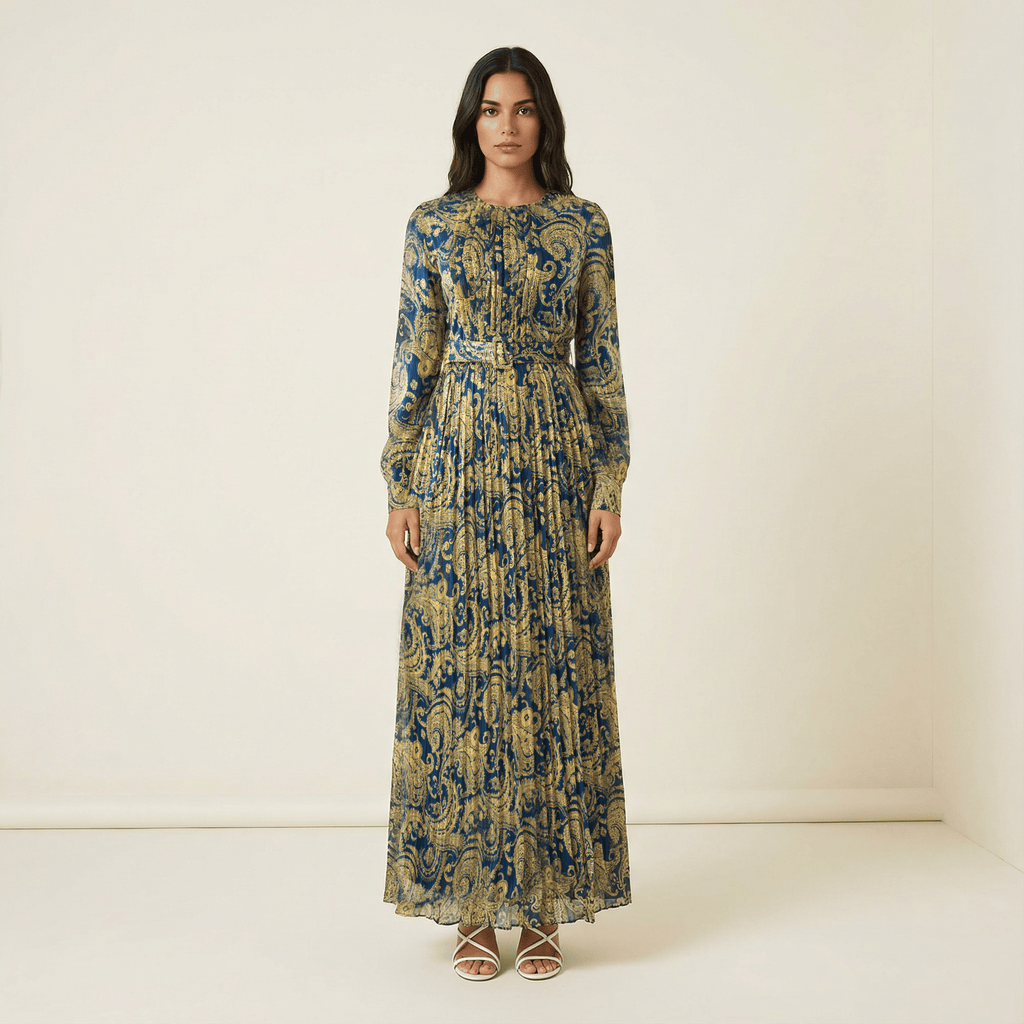 Ashton Navy Print Chiffon Shimmer Maxi Dress