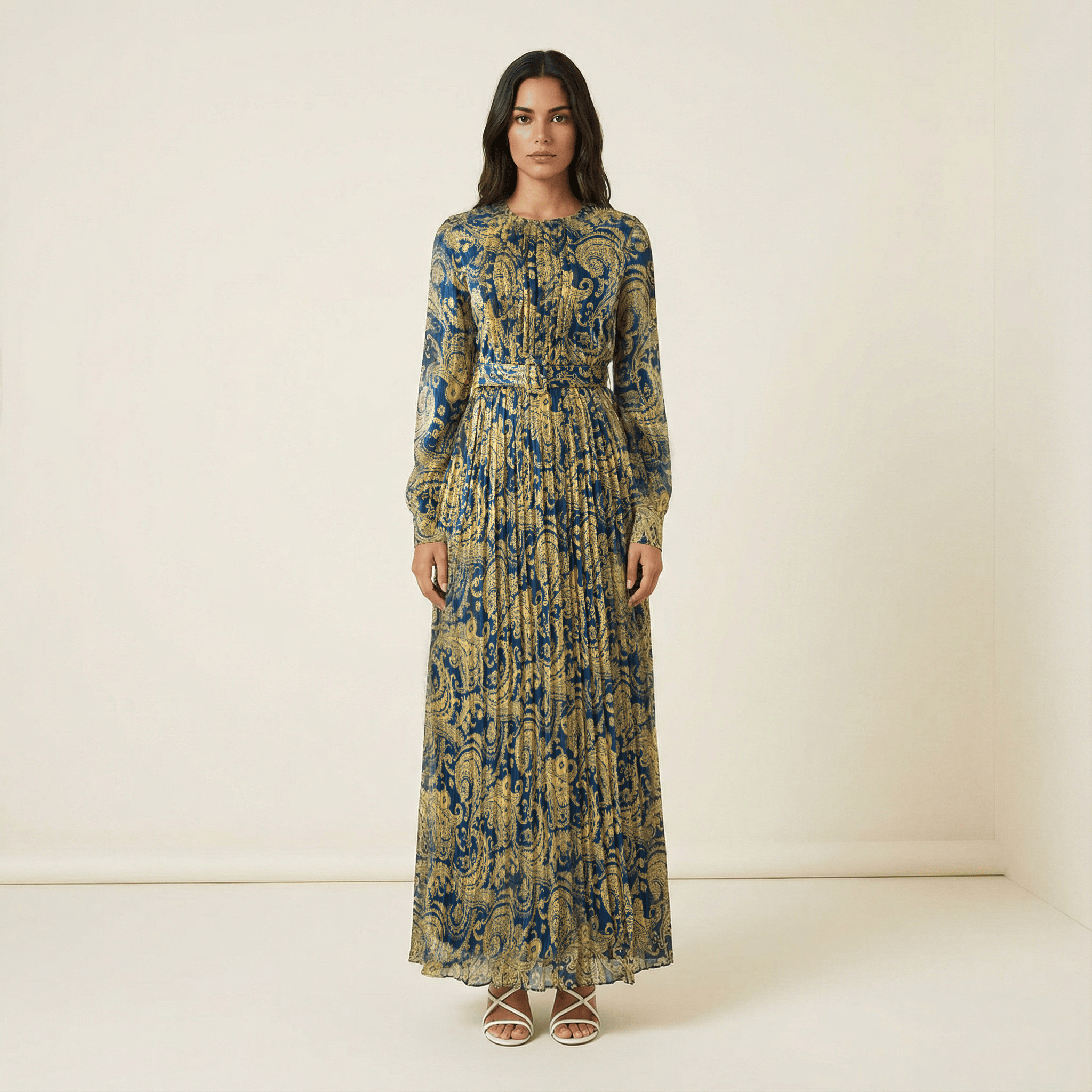Ashton Navy Print Chiffon Shimmer Maxi Dress