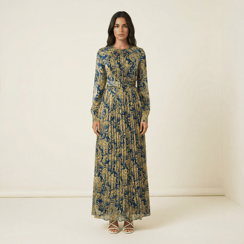 Ashton Navy Print Chiffon Shimmer Maxi Dress