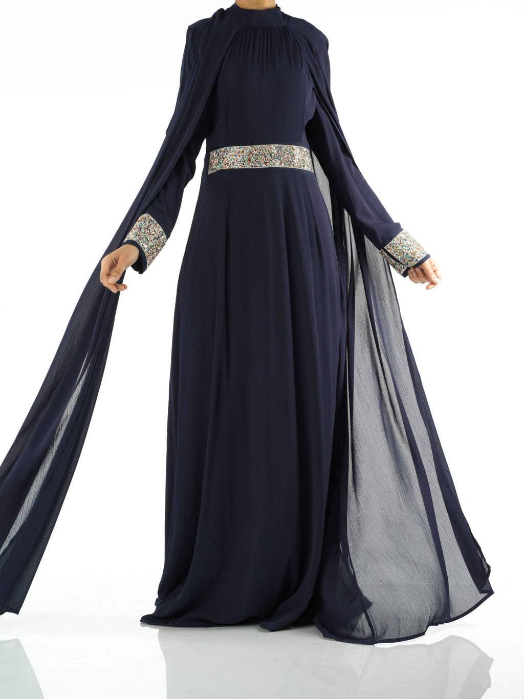 Braelyn Navy Crystal-Detail Cape Gown