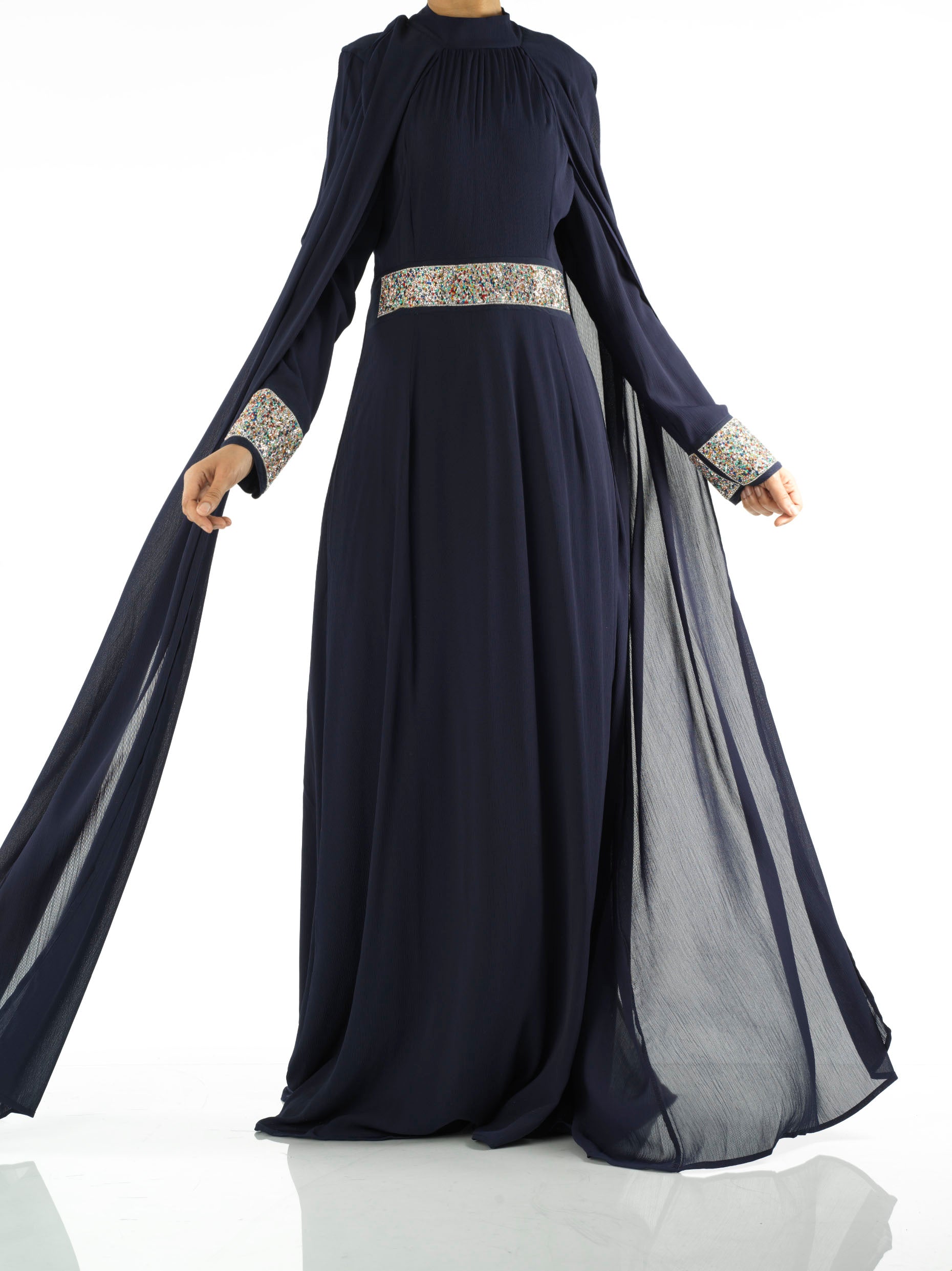Braelyn Navy Crystal-Detail Cape Gown