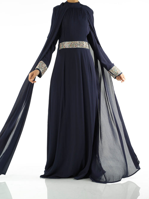 Braelyn Navy Crystal-Detail Cape Gown