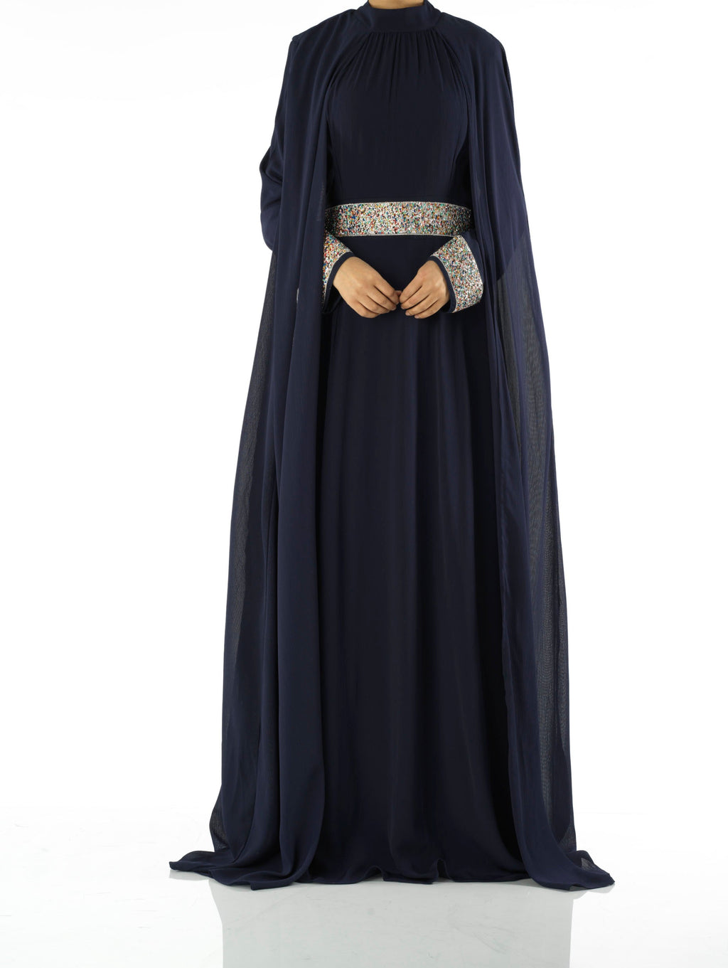Braelyn Navy Crystal-Detail Cape Gown