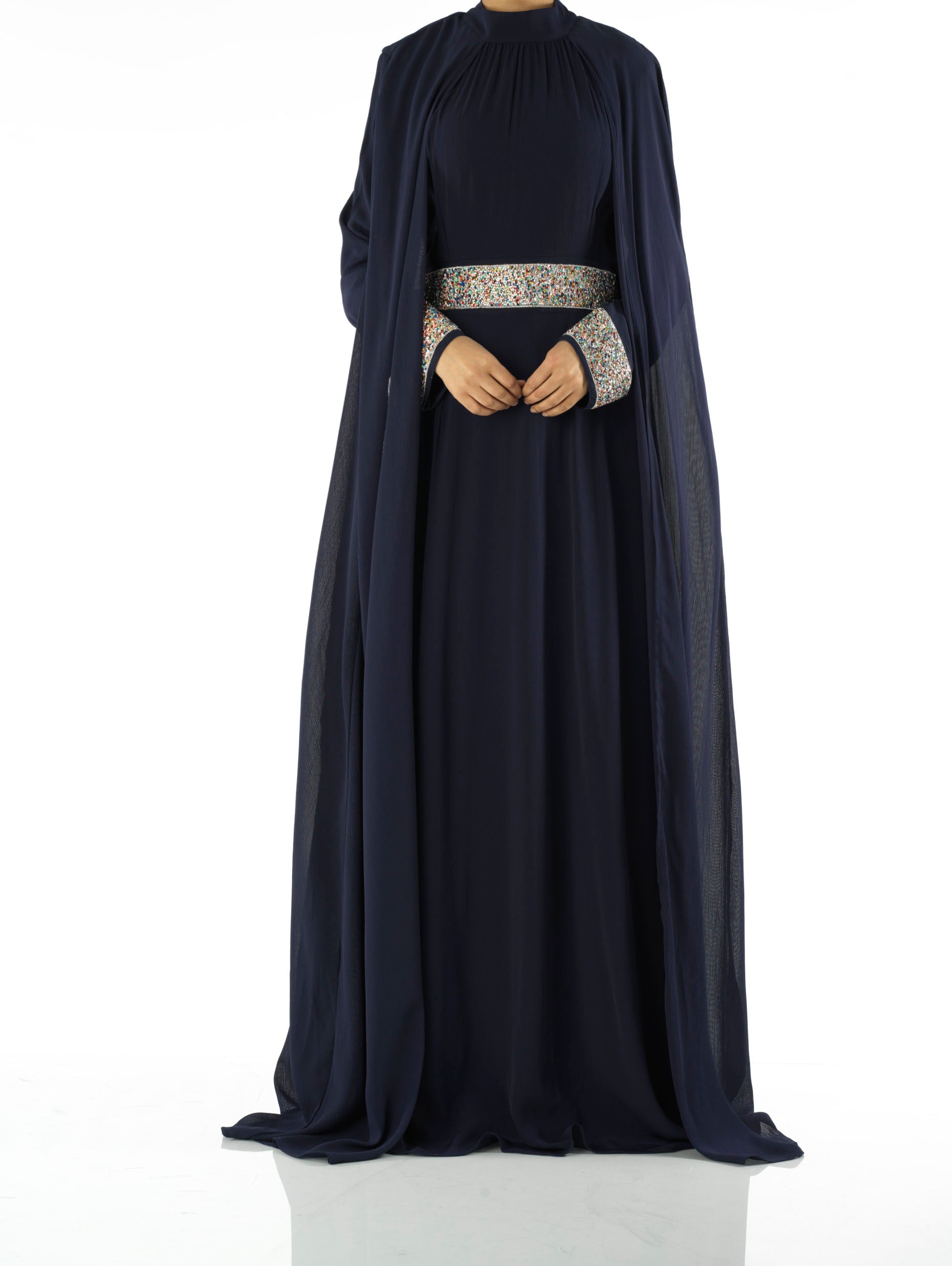 Braelyn Navy Crystal-Detail Cape Gown