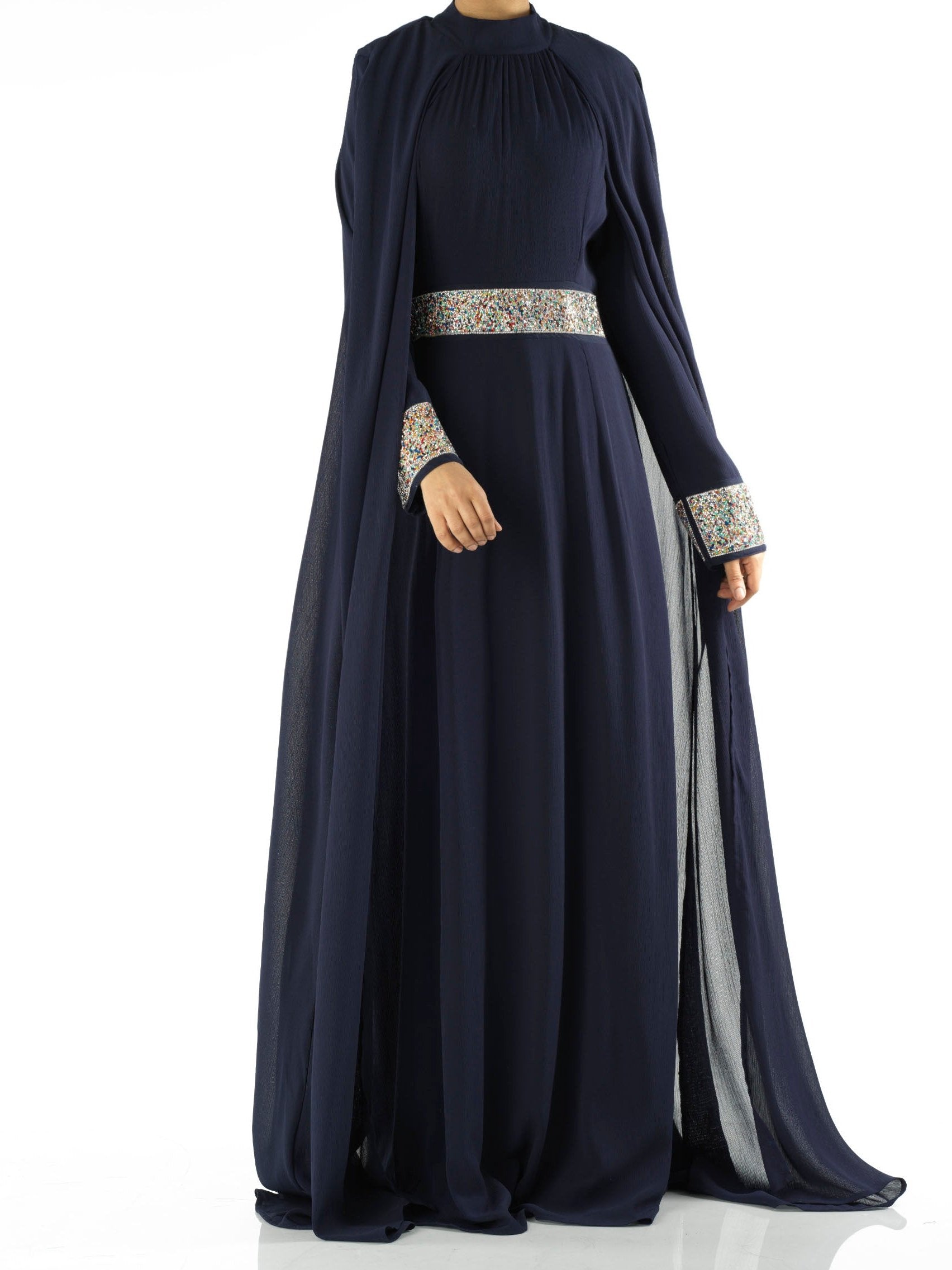 Braelyn Navy Crystal-Detail Cape Gown