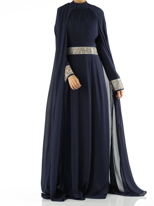Braelyn Navy Crystal-Detail Cape Gown