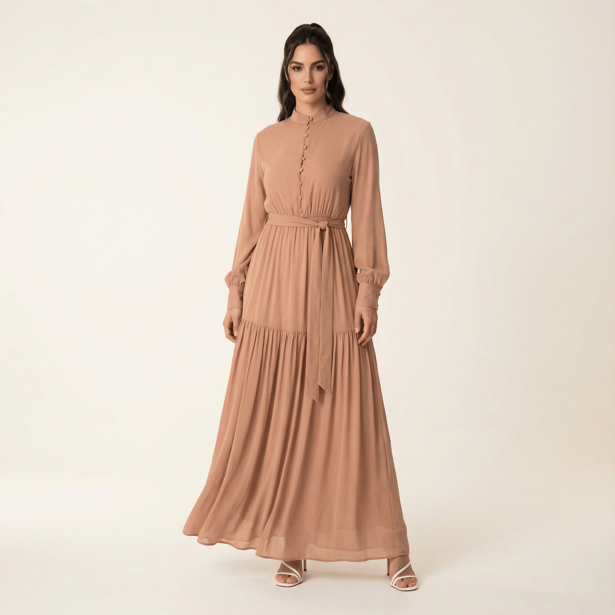 Caprice Mocha High-Neck Tiered Maxi Dress