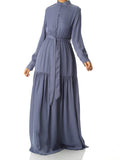 Caprice Denim Blue High-Neck Tiered Maxi Dress