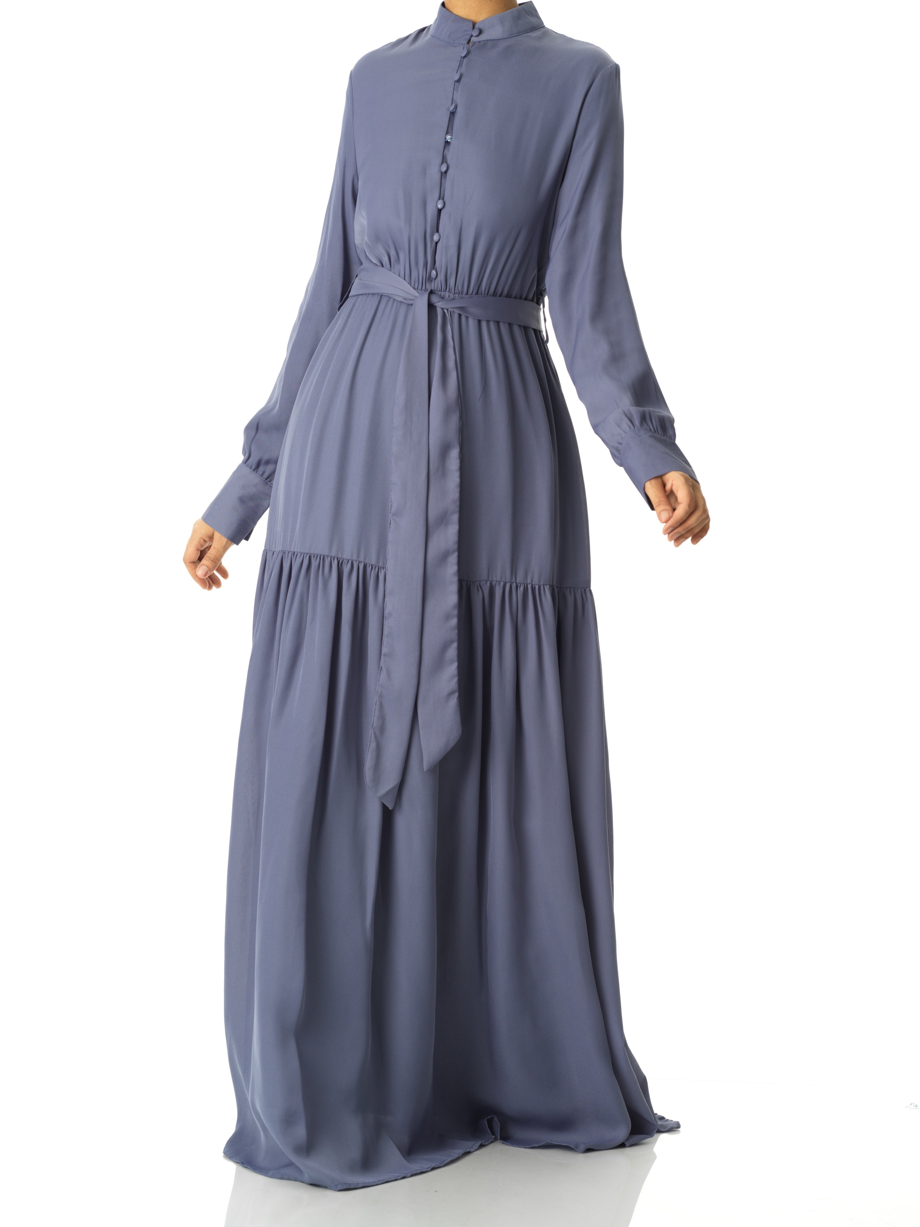 Caprice Denim Blue High-Neck Tiered Maxi Dress