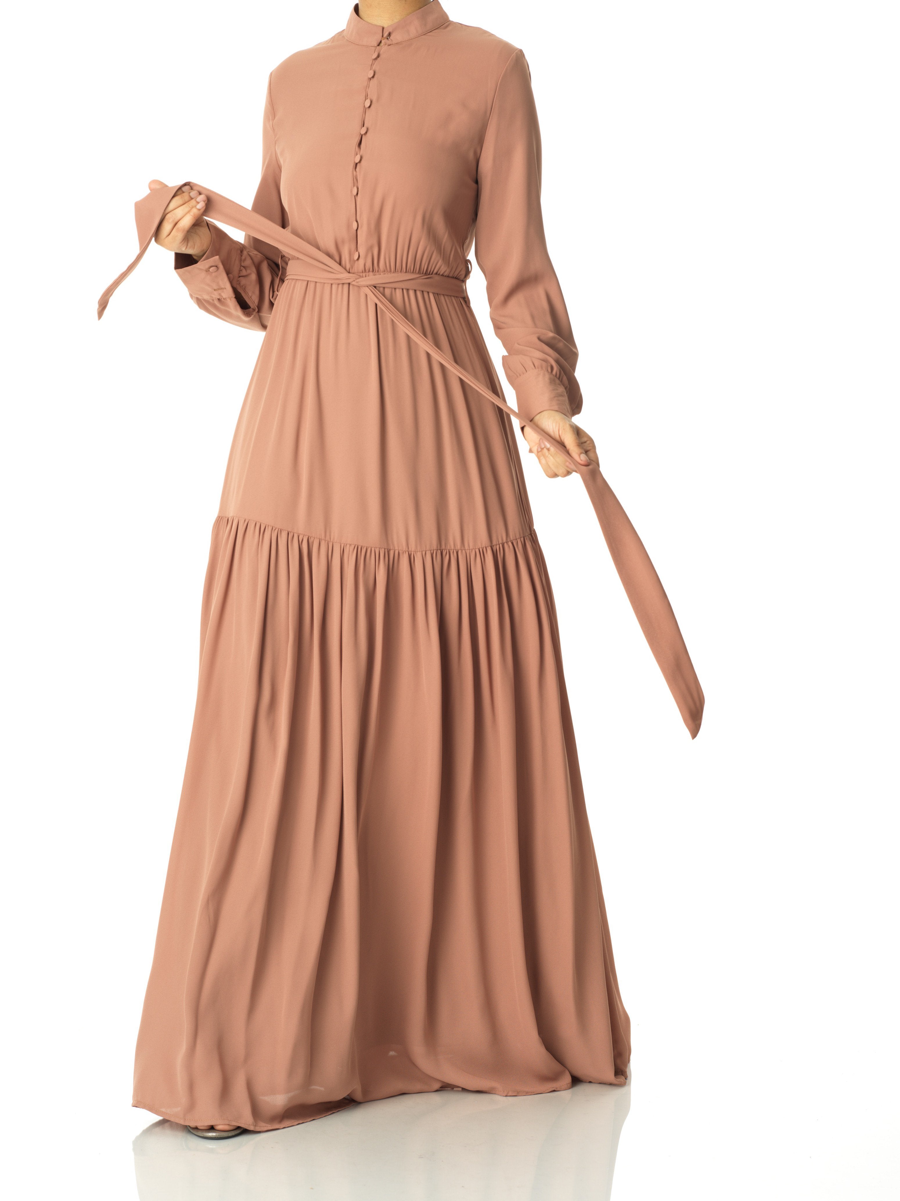 Caprice Mocha High-Neck Tiered Maxi Dress