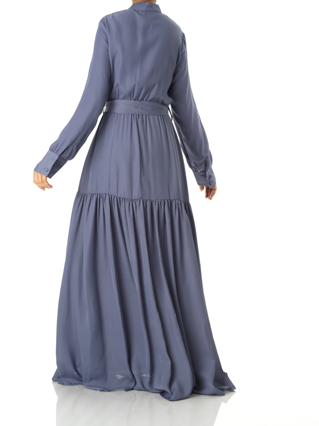 Caprice Denim Blue High-Neck Tiered Maxi Dress