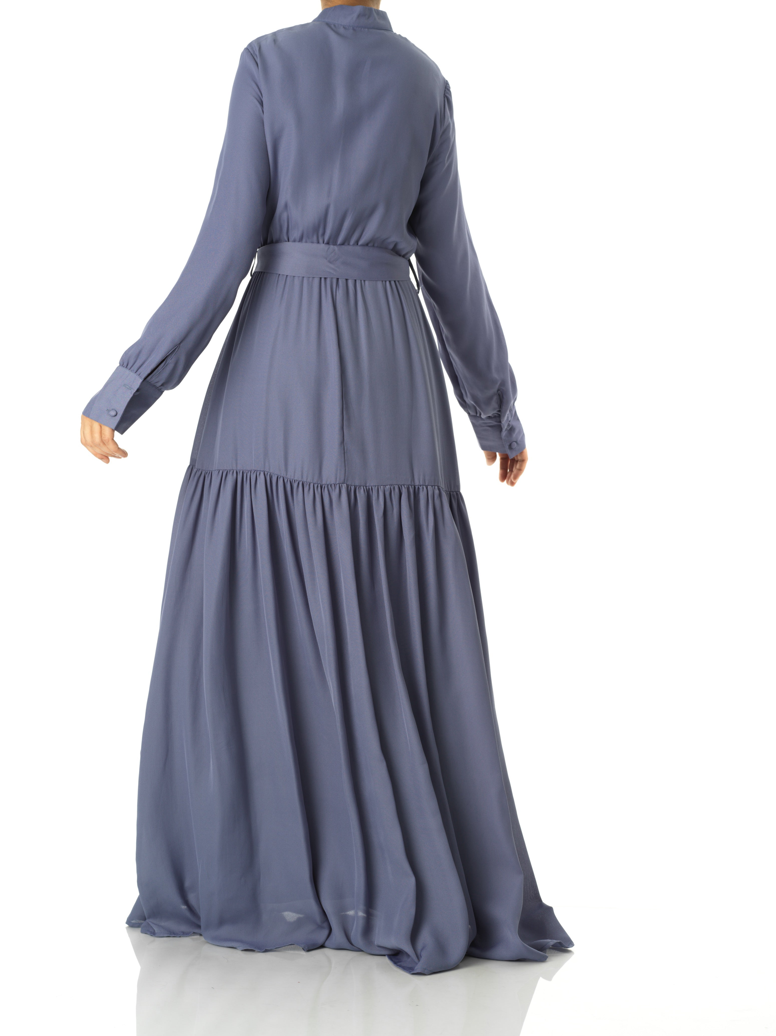 Caprice Denim Blue High-Neck Tiered Maxi Dress