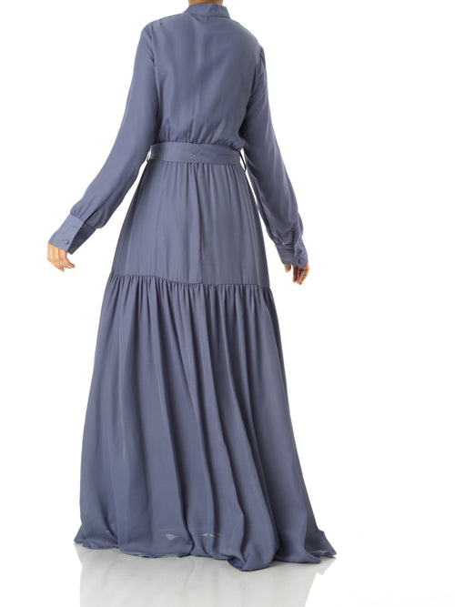 Caprice Denim Blue High-Neck Tiered Maxi Dress