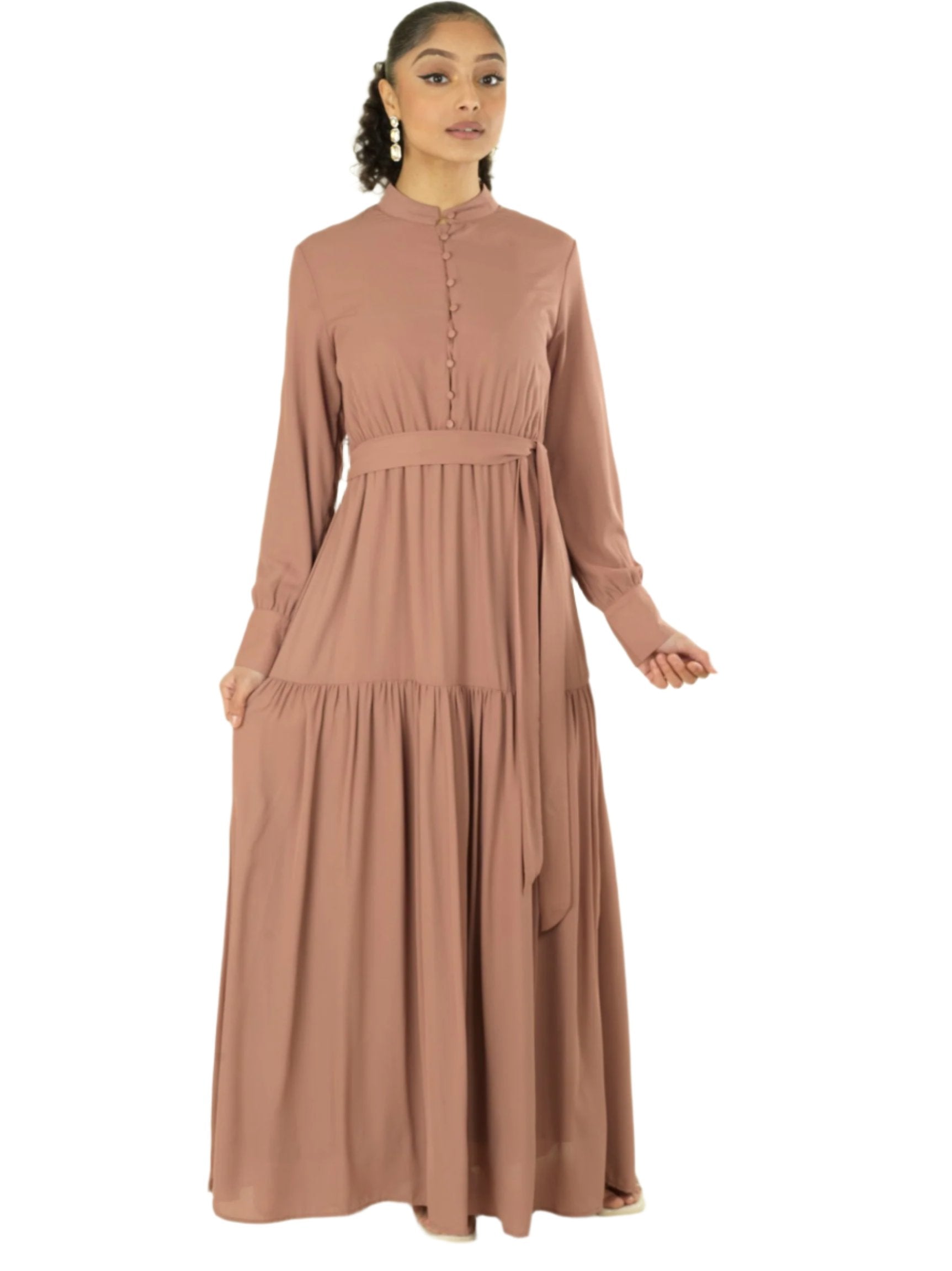 Caprice Mocha High-Neck Tiered Maxi Dress