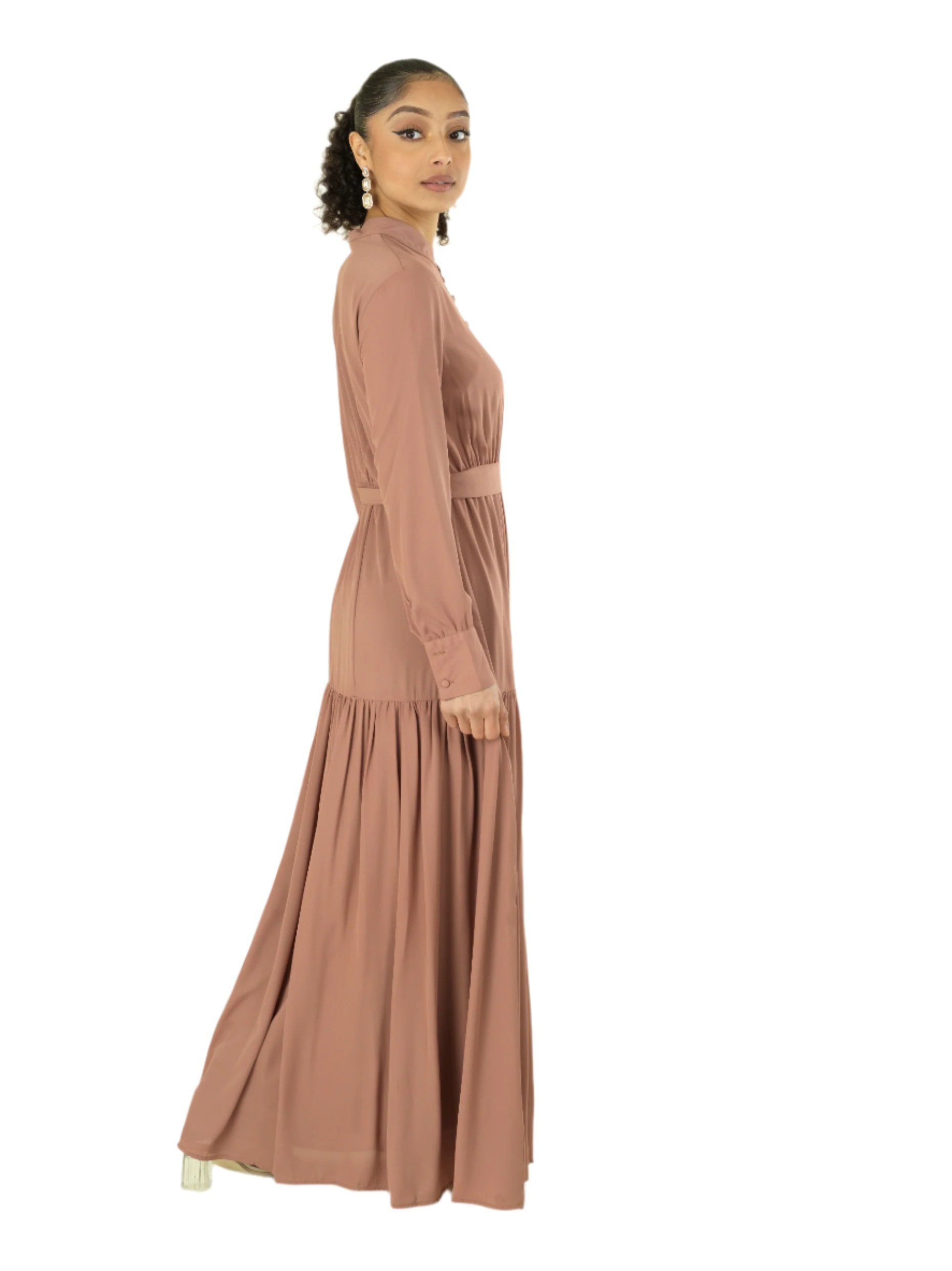 Caprice Mocha High-Neck Tiered Maxi Dress