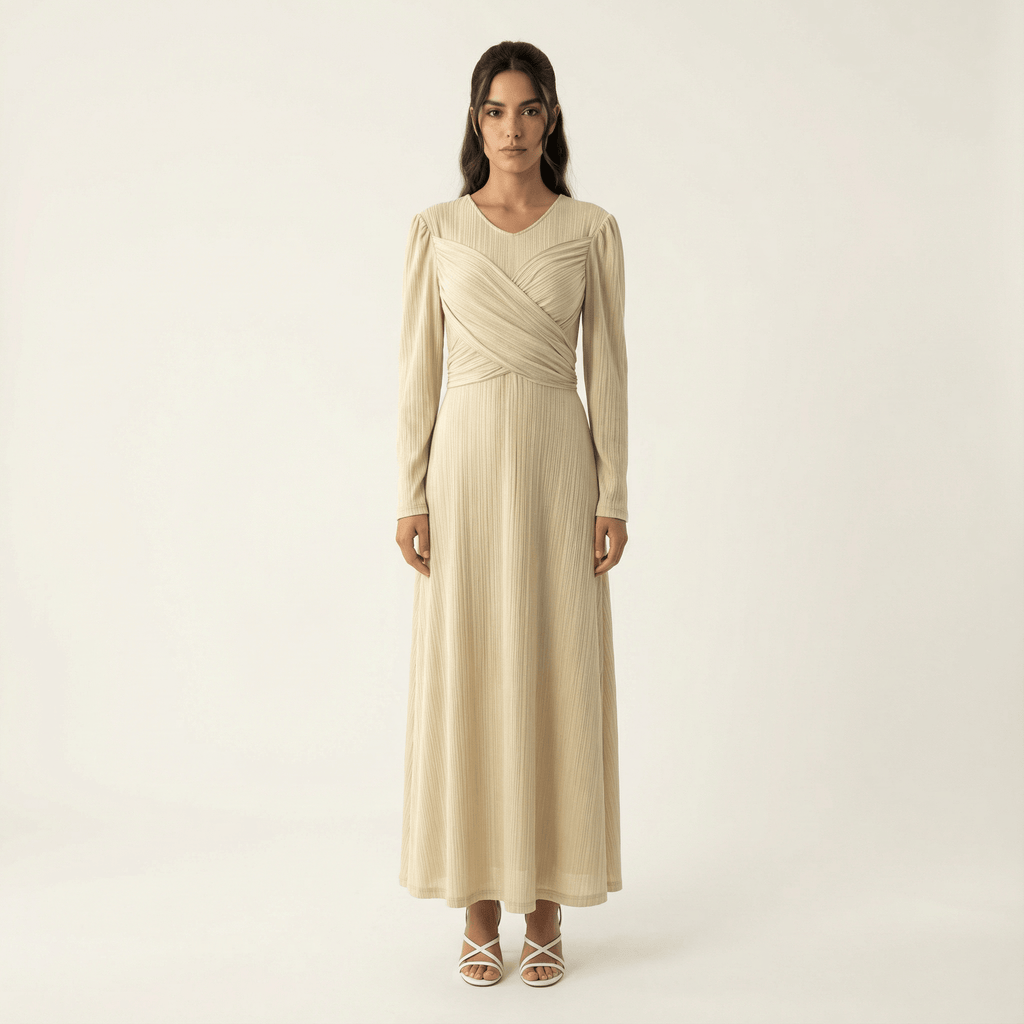 Adeline Oatmeal Ribbed Long-Sleeve Maxi Dress
