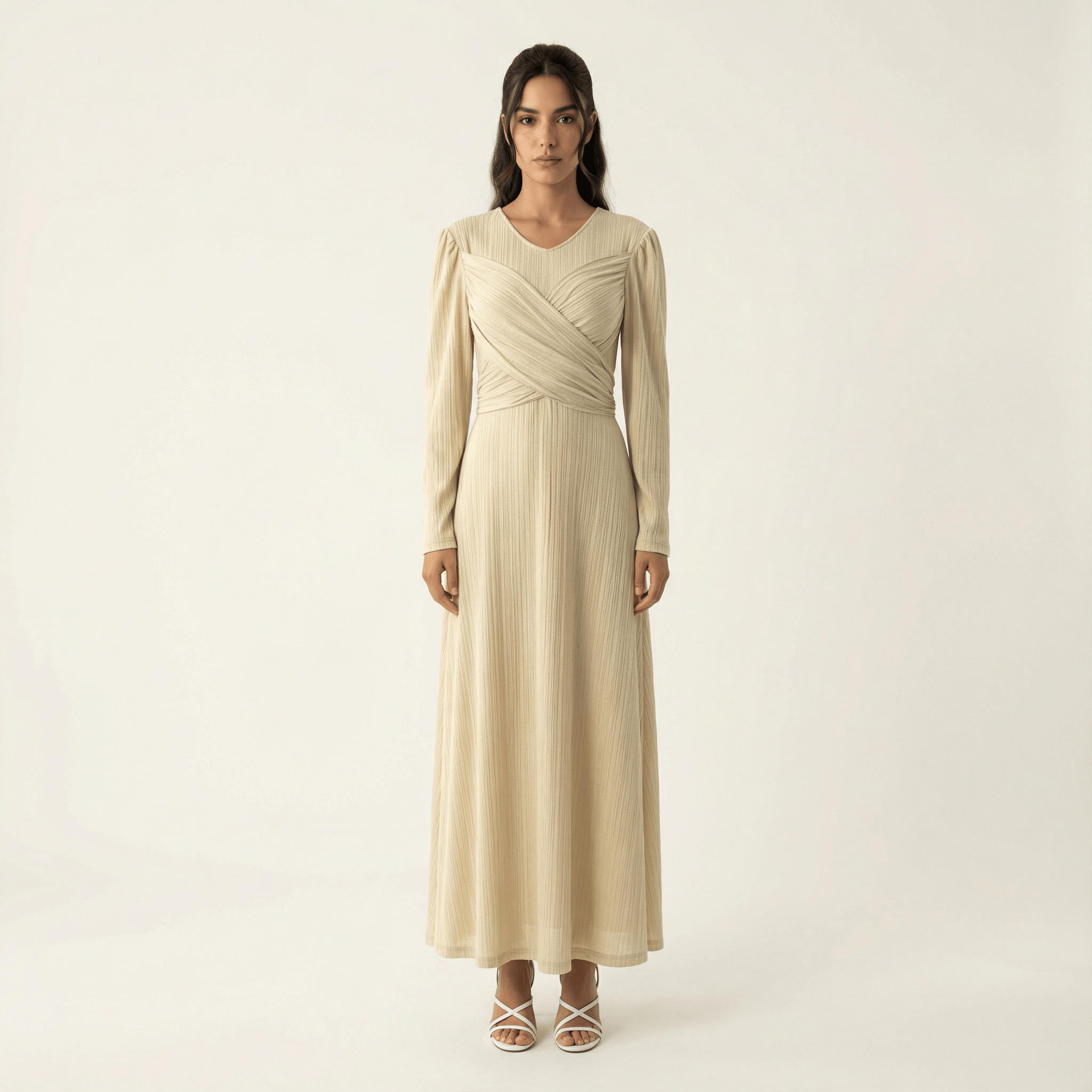 Adeline Oatmeal Ribbed Long-Sleeve Maxi Dress