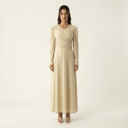 Adeline Oatmeal Ribbed Long-Sleeve Maxi Dress