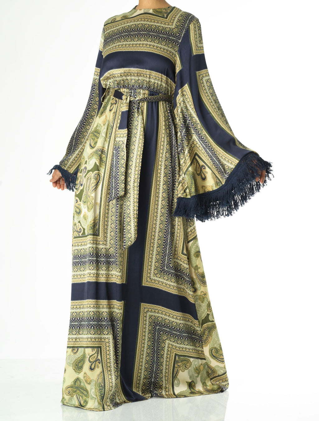 Selah Olive Paisley Tassel Bell-Sleeve Maxi Dress