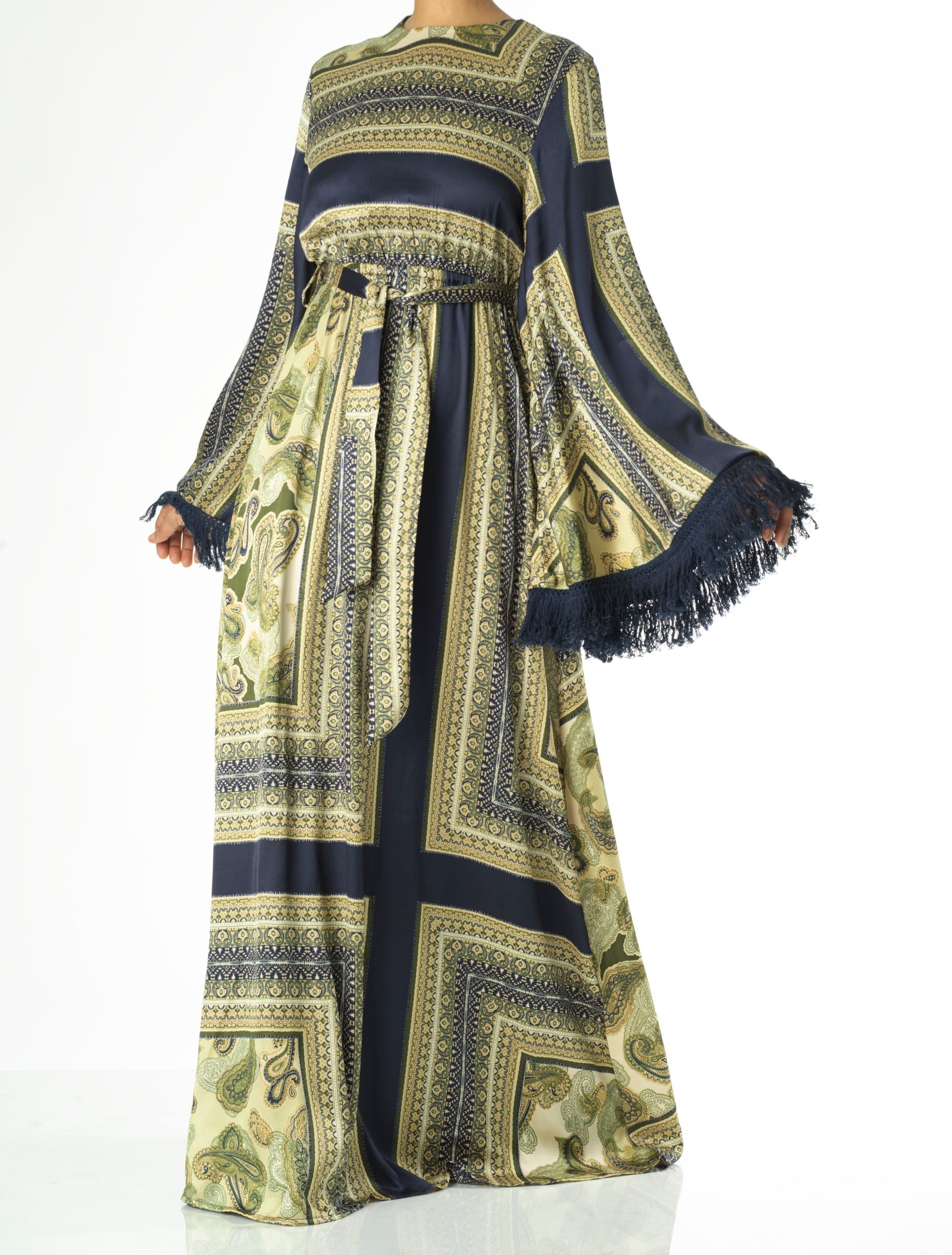 Selah Olive Paisley Tassel Bell-Sleeve Maxi Dress