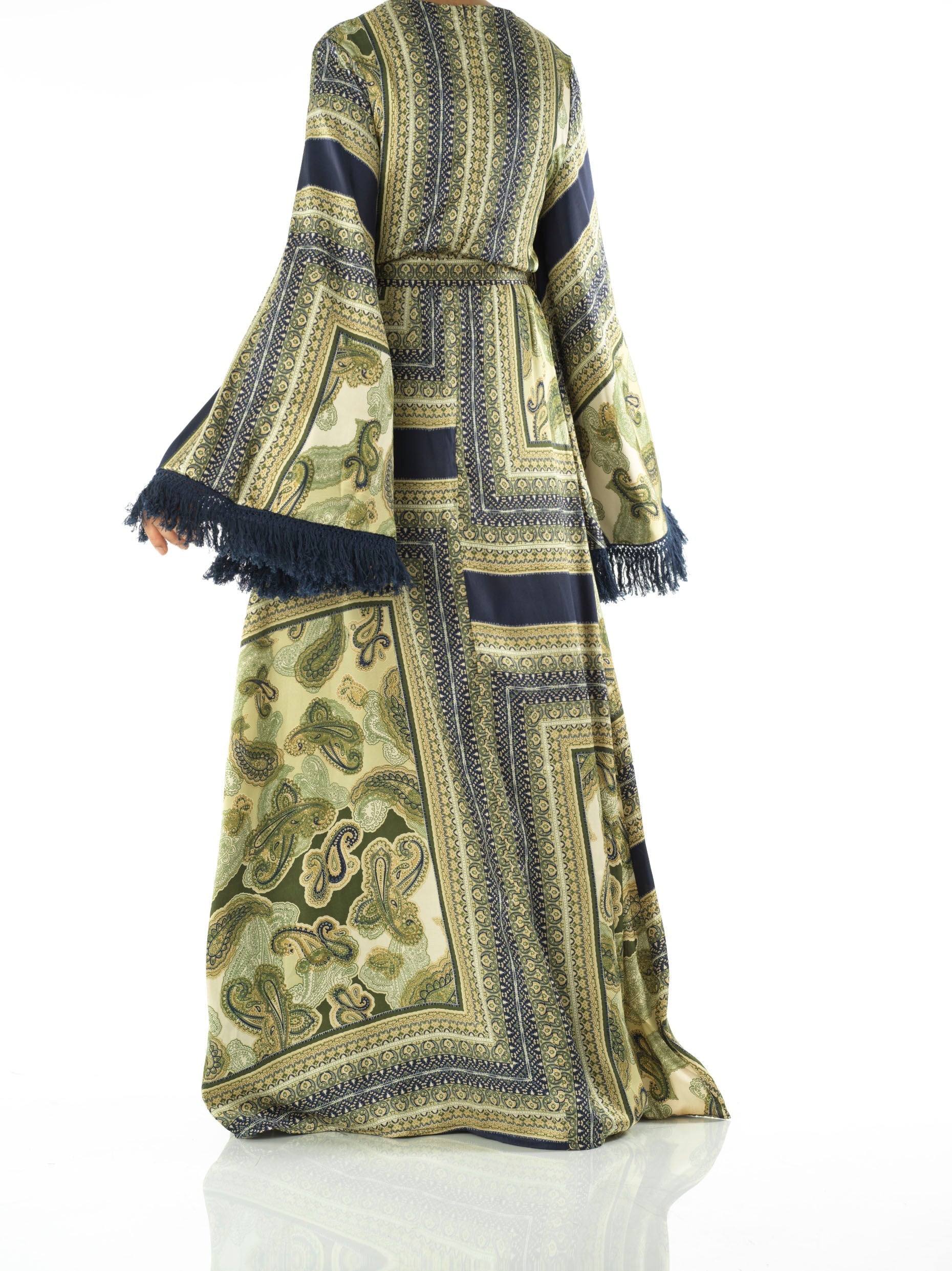 Selah Olive Paisley Tassel Bell-Sleeve Maxi Dress