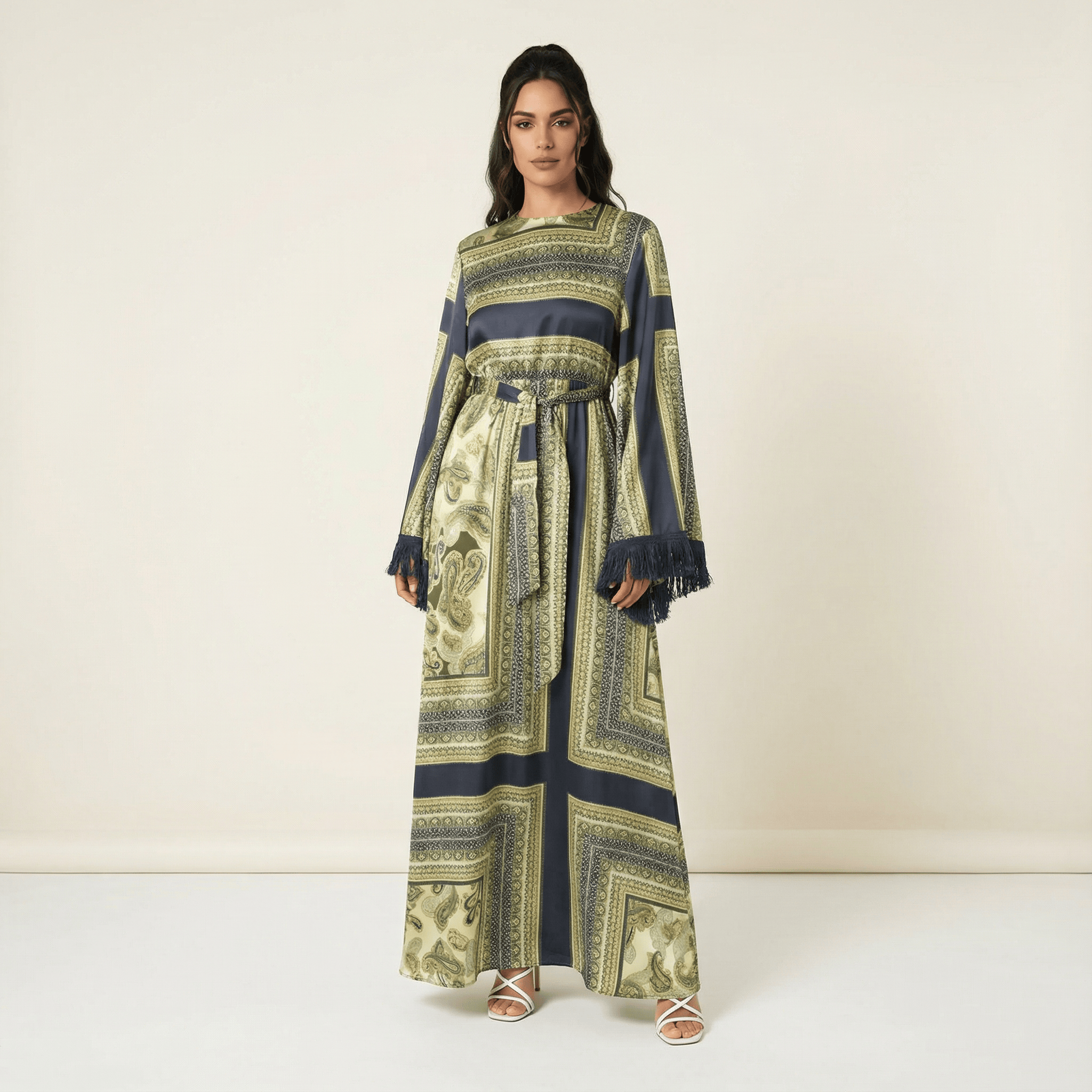 Selah Olive Paisley Tassel Bell-Sleeve Maxi Dress