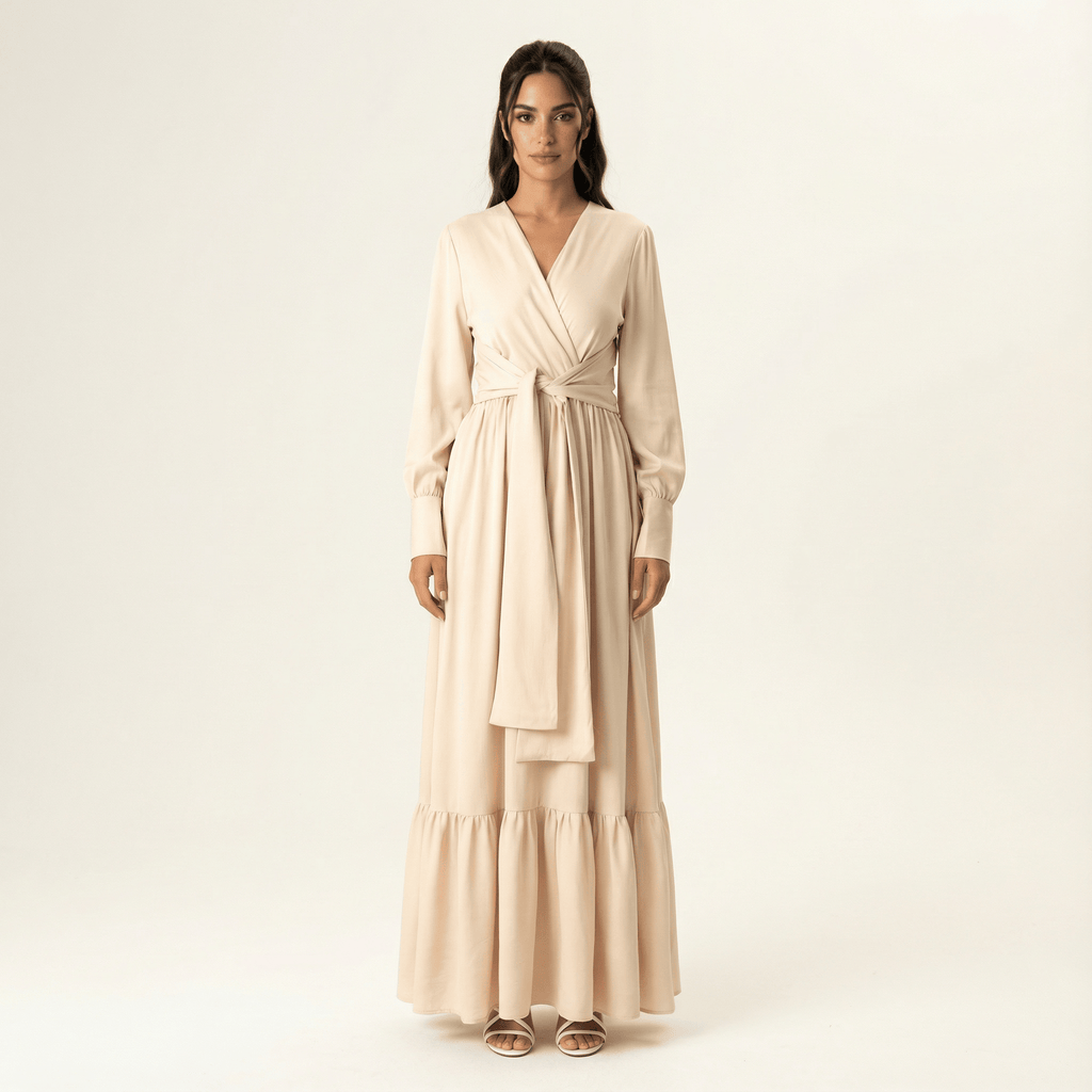 Sabine Pearl Satin Surplice Long-Sleeve Maxi Dress