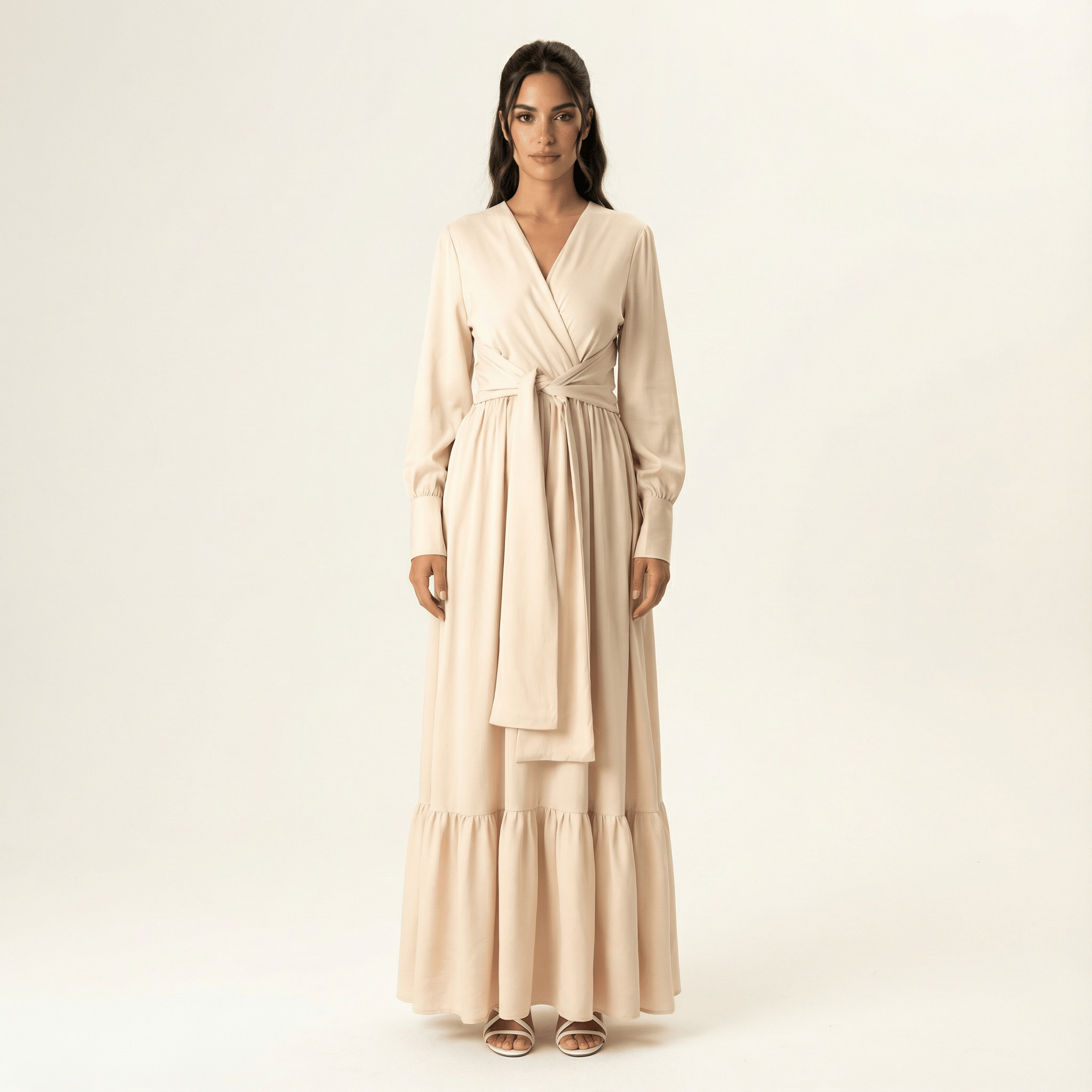 Sabine Pearl Satin Surplice Long-Sleeve Maxi Dress