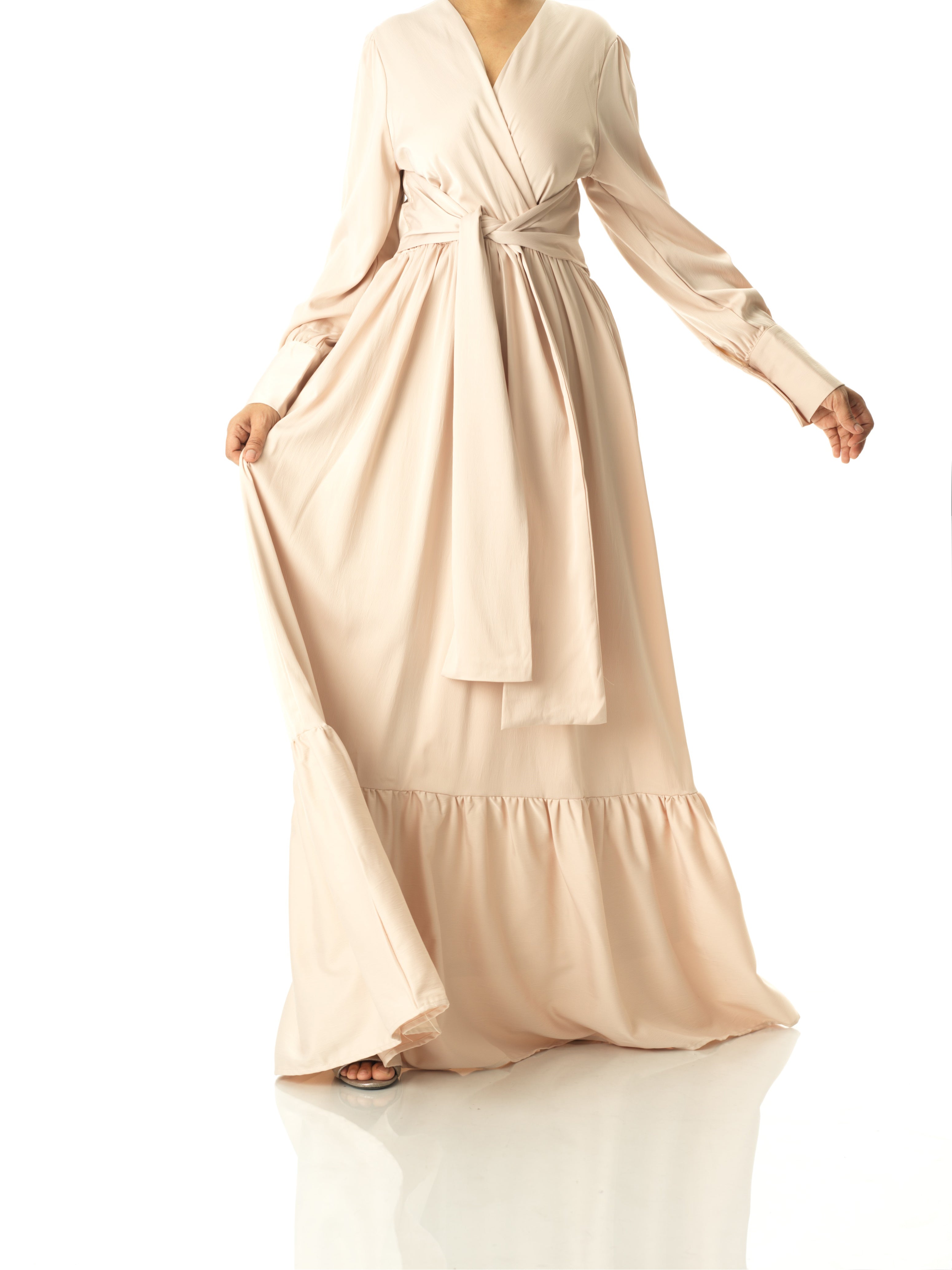 Sabine Pearl Satin Surplice Long-Sleeve Maxi Dress