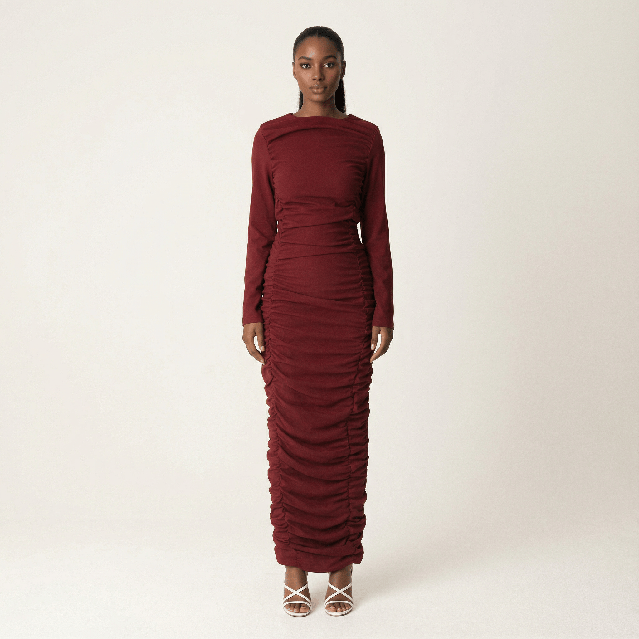 Carolina Maroon Ruched Ponte Maxi Dress